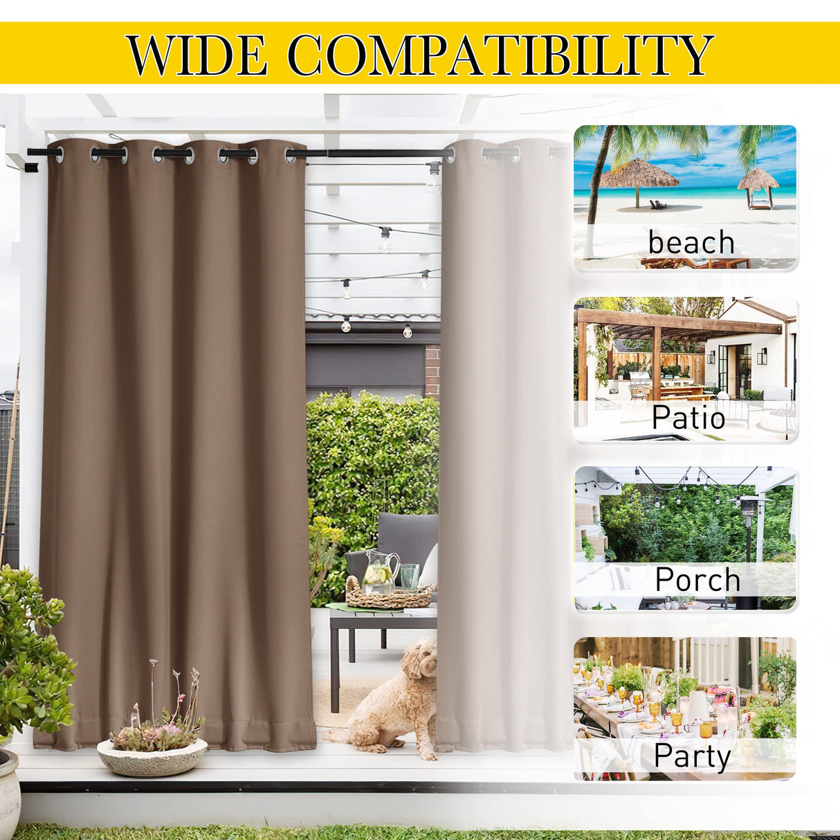 NICETOWN 2 Panels Weighted Blackout Curtains Patio Waterproof Outdoor Curtains, Thermal Insulated Top & Bottom Grommet & Back Tab Wind-Break Drapes Privacy for Pergola, W52 by L84, Tan-Khaki NICETOWN