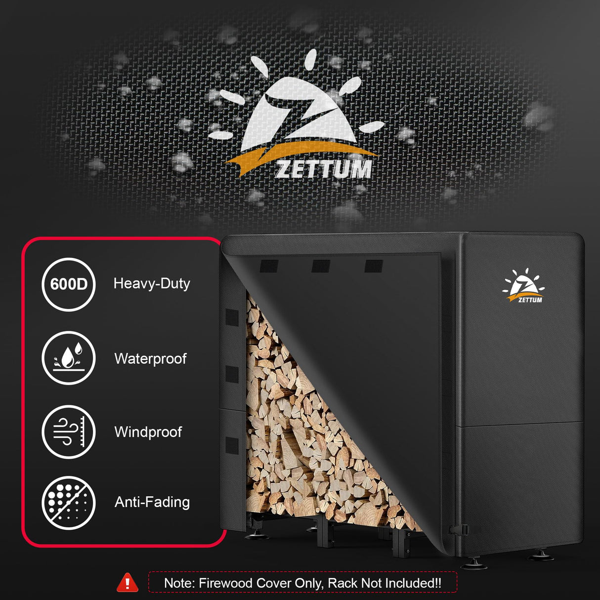 Zettum Firewood Rack Cover 4 Feet - 600D Wood Rack Cover Waterproof & Heavy Duty, 4 Foot Outdoor Log Pile Holder Covers Storage for 4FT Standard Fire Wood Rack Stands (48 x 24 x 49 Inch) Zettum