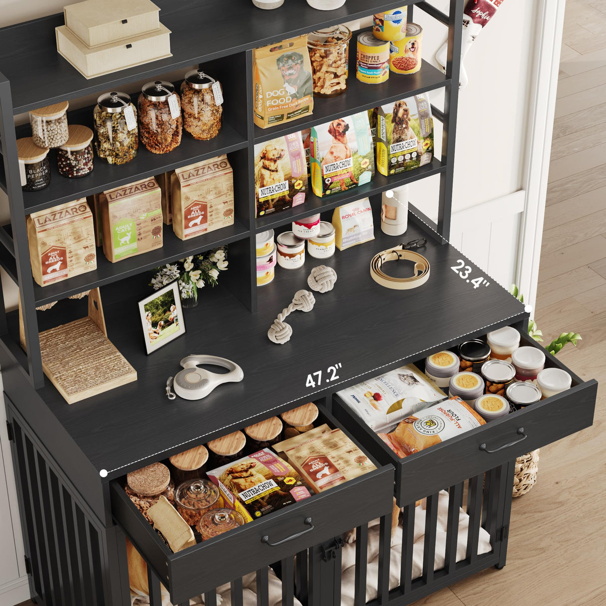 Keyluv 71''H x 47.2''W Large Dog Crate Furniture with 4-Tier Shelves and 2 Storage Drawers, Heavy Duty Dog Cage Furniture with 2 Doors, Wood & Metal Dog Kennel Indoor for Small/Medium/Large Dog, Black Keyluv