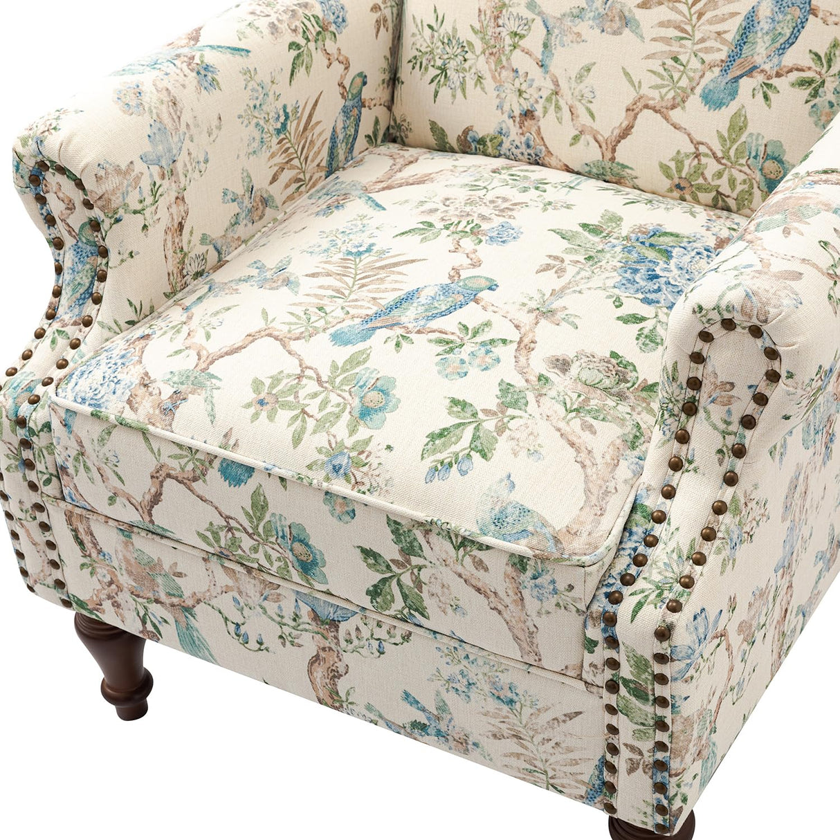 HULALA HOME Wingback Accent Chair with Floral Pattern Design, Traditional Fabric Armchair with Nailhead Trim and Retro Wooden Legs, Bird HULALA HOME