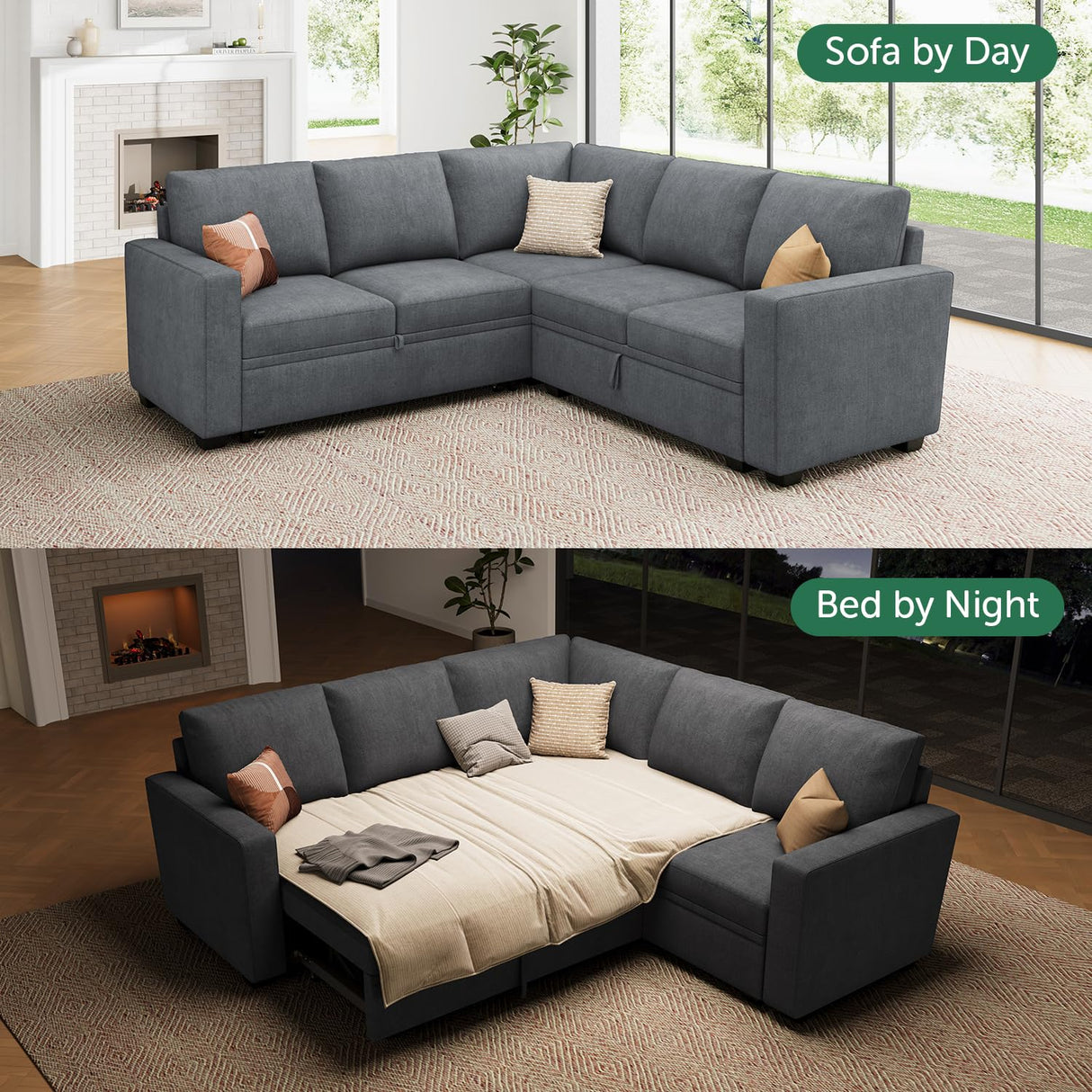 HONBAY Modular Sectional Sleeper Sofa with Pull Out Bed, Chenille L Shaped Couch with Storage Seats, Convertible Sectional Couches for Living Room, Bluish Grey HONBAY