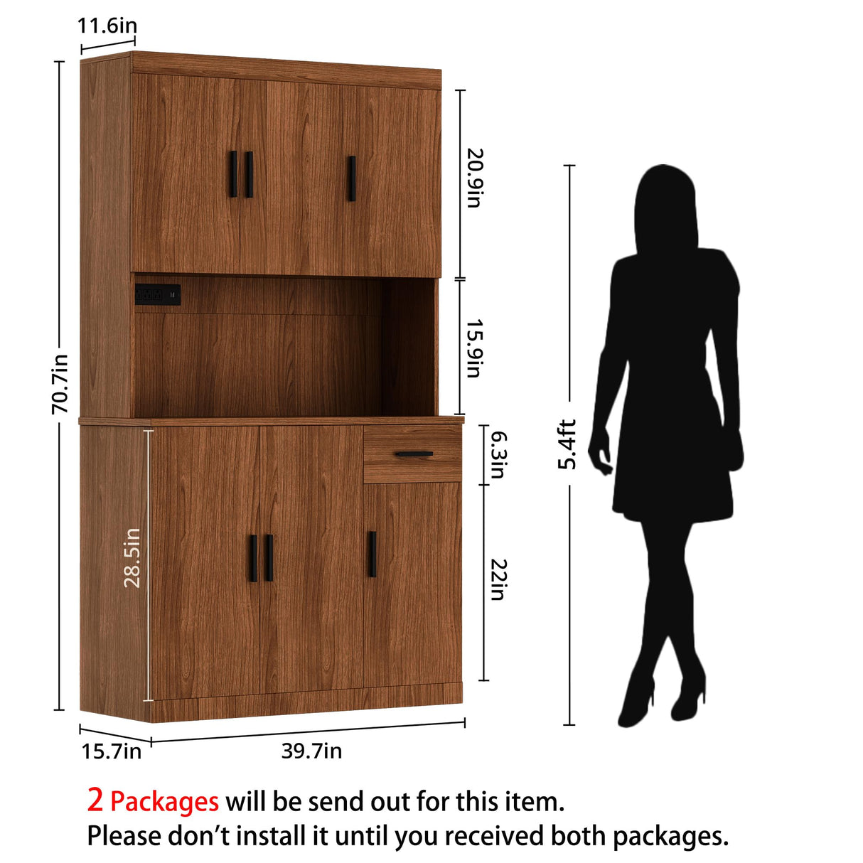 DIYART 71 Inch Brown Pantry Cabinet with Power Outlet, Heavy-Duty Freestanding Kitchen Storage Organizer with Reinforced Frame, Pantry Hutch for Kitchen, Dining Room, Laundry Room DIYART