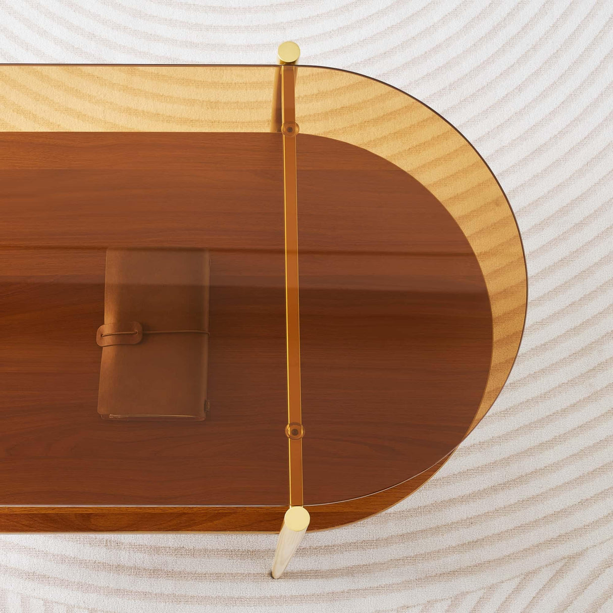 LumFurn Oval Glass Coffee Table, Mid-Century Modern Design, L41 x W21 x H17 inch, for Living Room, 2-Tier Structure, Amber Glass Top and Walnut Finish Wood Shelf, Conical Legs with Gold Finish Frame LumFurn