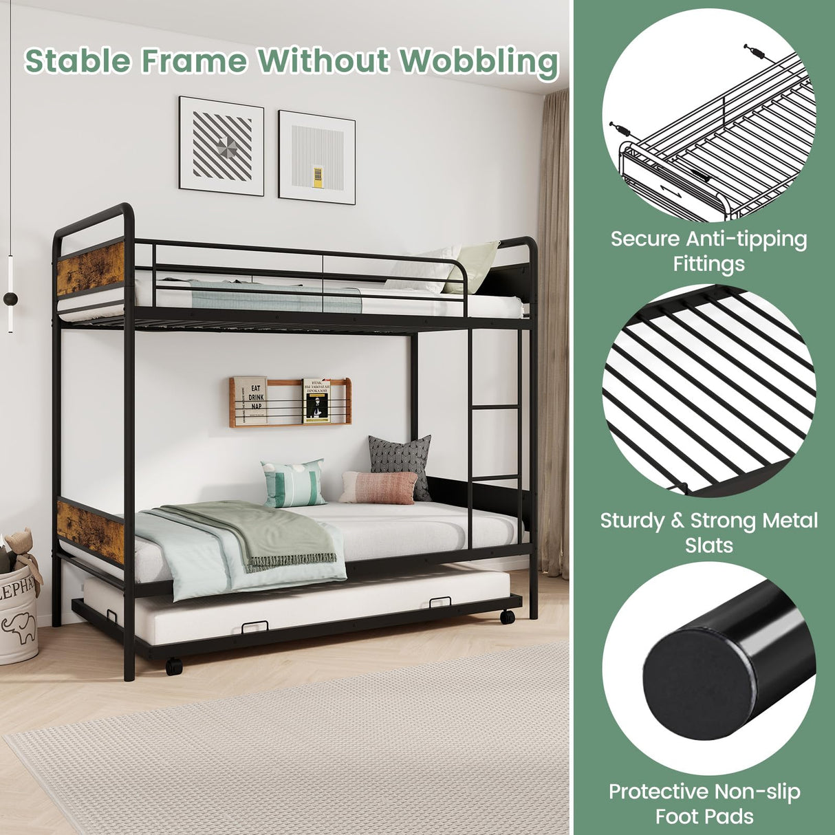 KOMFOTT Metal Twin Over Twin Bunk Bed with Trundle, Industrial Bunk Bed Frame with Ladder, Full-Length Guardrail, Vintage Headboard & Footboard, Noise Free, No Box Spring Needed Bunk Bed KOMFOTT