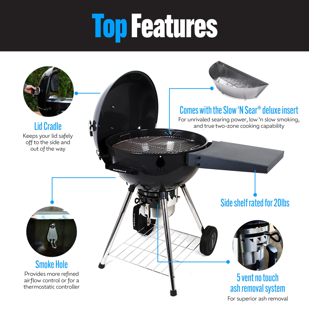 SnS Grills Patented Slow ‘N Sear® Kettle Grill with Deluxe Insert and Easy Spin Grate for Two-Zone Charcoal Grill Cooking, Low ‘N Slow Smoking and BBQing - Black 22-Inch Slow 'N Sear