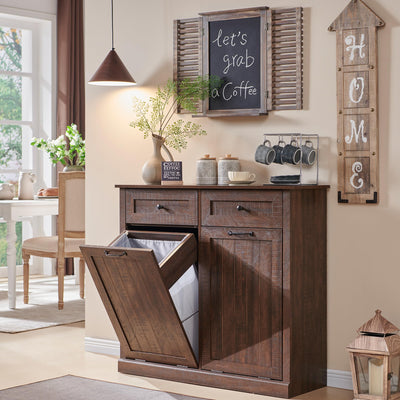 IFGET Double Tilt Out Trash Cabinet, Hidden Wooden Trash Can Cabinet, Farmhouse Laundry Hamper Cabinet, Trash Garbage Can Bin Cabinet with Storage Basket for Living Room, Kitchen, Brown