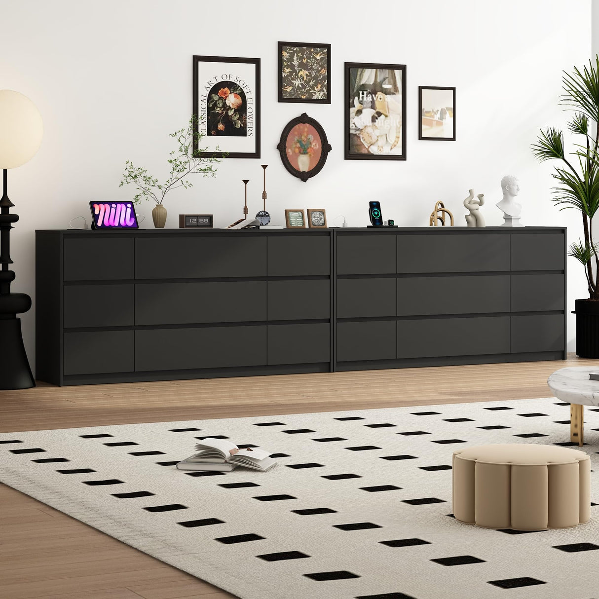 Black Dresser for Bedroom, 63 Inch Long 9 Drawers Dresser with Charging Station, Modern Large Wood Chest of Drawers Handle Free for Bedroom, Living Room, Entryway, Hallway, Black jiteentarou
