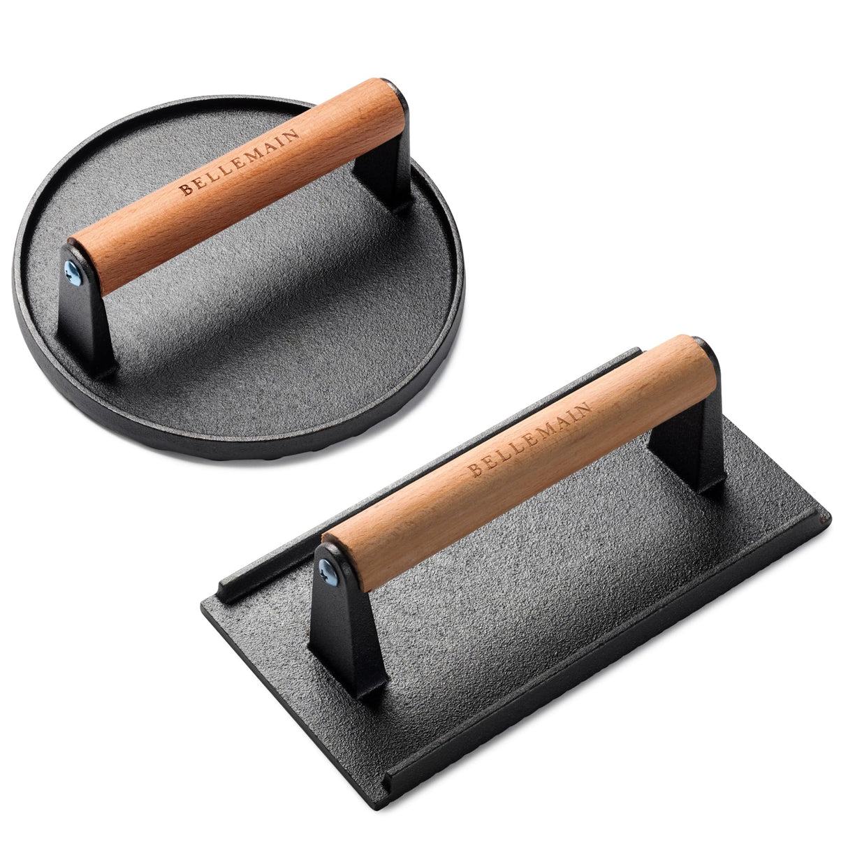 Bellemain Heavy-Duty Cast Iron Grill Press Set – Perfect Smash Burger & Steak Press with Ergonomic Wood Handle for Pro-Level Searing on Griddle, Skillet, or BBQ Bellemain