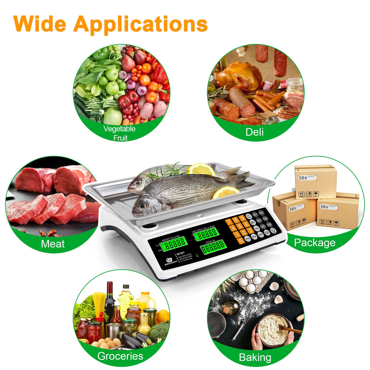 Price Computing Scale 88lb/40kg Commercial Food Scale for Produce Meat with Stainless Steel Large Platform, LCD Display, and Green Bright Backlight for Farmers Markets, Deli, (Not for Trade) BROMECH