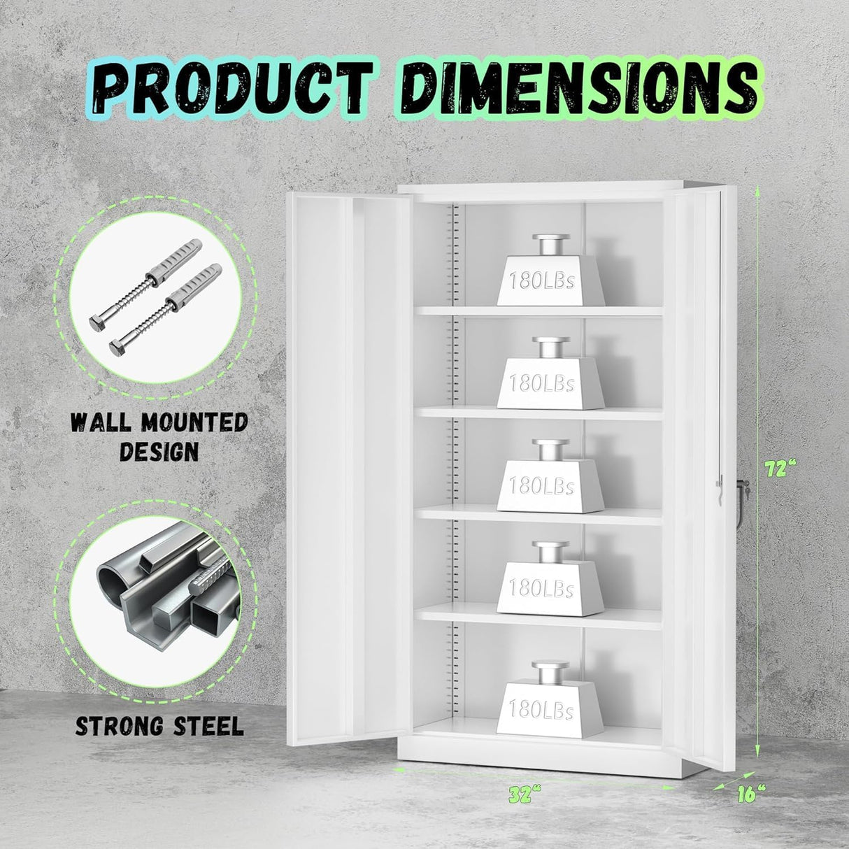 SUNCROWN Metal Storage Cabinets with Lock, Tool Cabinet, 72" Locking Steel Storage, Tall Locker Organizer Garage Cabinets with 2 Doors and 4 Shelves for Home,Office,Warehouse,Garage,School(White) SUNCROWN