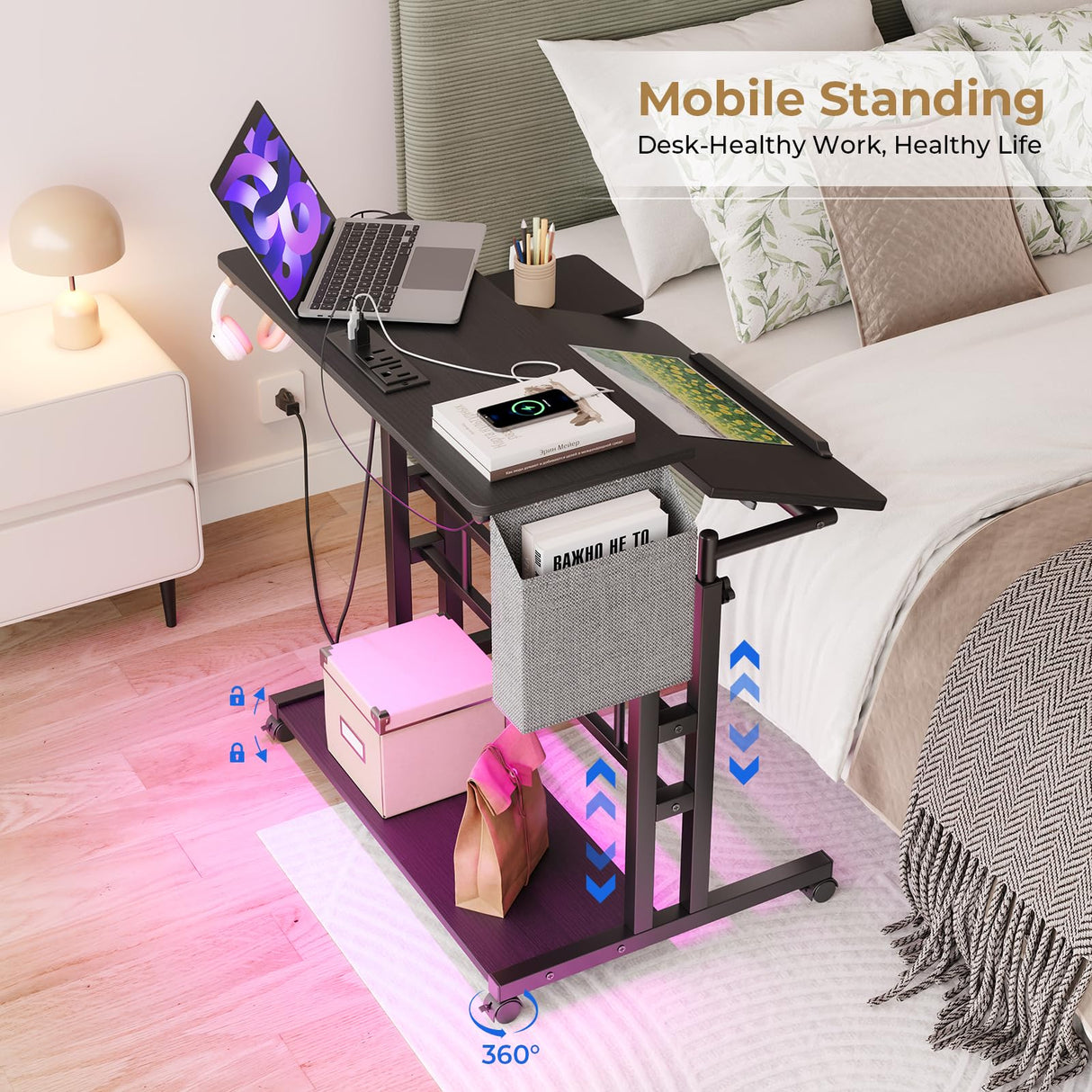 Dripex Mobile Standing Desk with Power Outlets & Strip Lights, Rolling Computer Desk with Cup Holder, Hook, Storage Bag, Adjustable Height Laptop Desk with Wheels, Small Standing Desk Drawing Desk Dripex