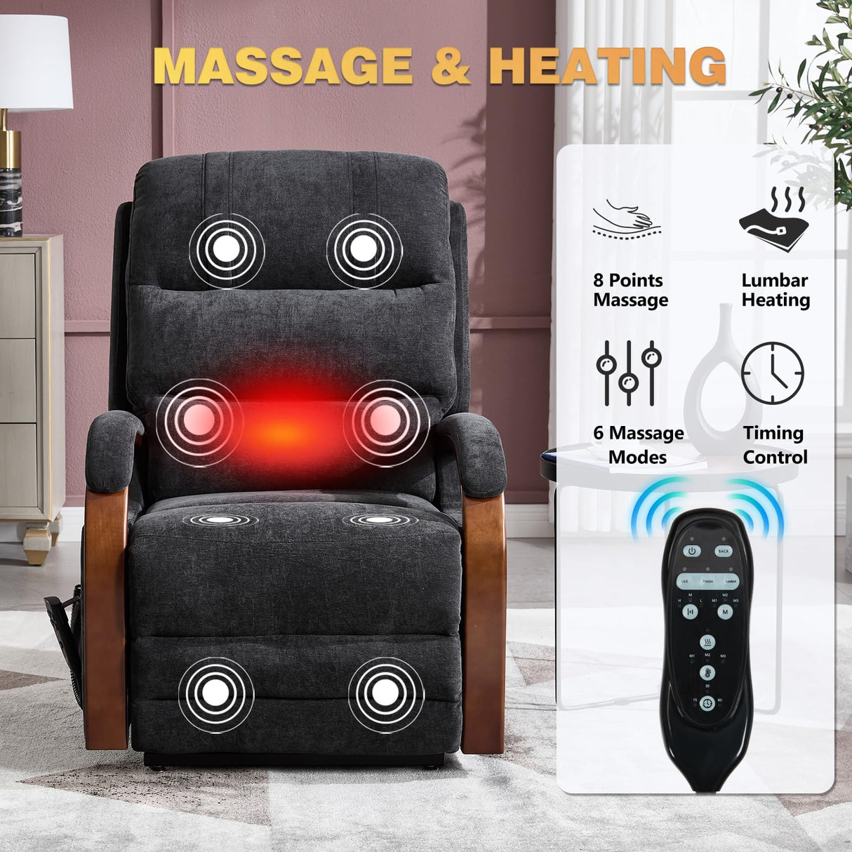 Trustyue Dual Motor Power Lift Recliner Chair, Lift Chair with Massage and Heat for Elderly, Lay Flat Recliner, Standing Assistance, Infinite Position Reclining, Living Room Chair, Chenille, Black Trustyue