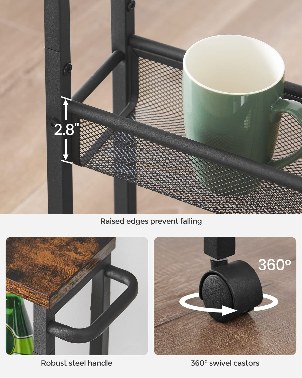 VASAGLE Slim Rolling Cart, 4-Tier Storage Cart, Narrow Cart with Handle, 5.1 Inches Deep, Metal Frame, for Kitchen, Dining Room, Living Room, Home Office, Rustic Brown and Classic Black ULRC032B01V1 VASAGLE