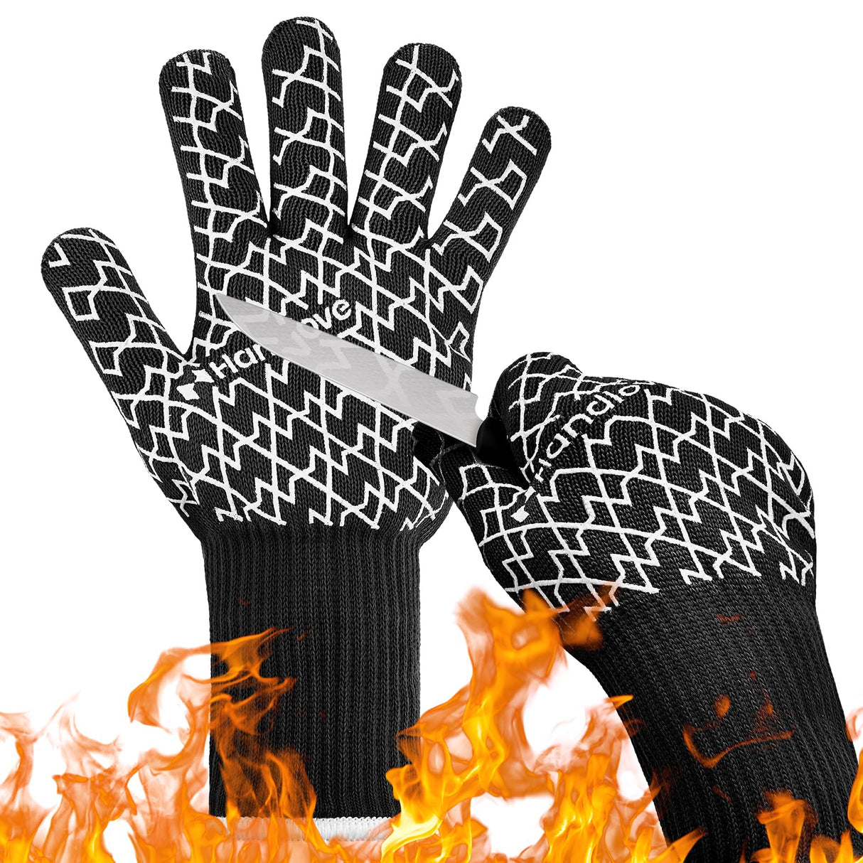HandLove BBQ Gloves - Heat Resistant Grilling, Oven Gloves for Culinary Experts - Extreme Fireproof Protection, Silicone Grip, Long Cuff Mitts - Kitchen & Outdoor Barbecue, Cooking, Baking, Black, L HandLove