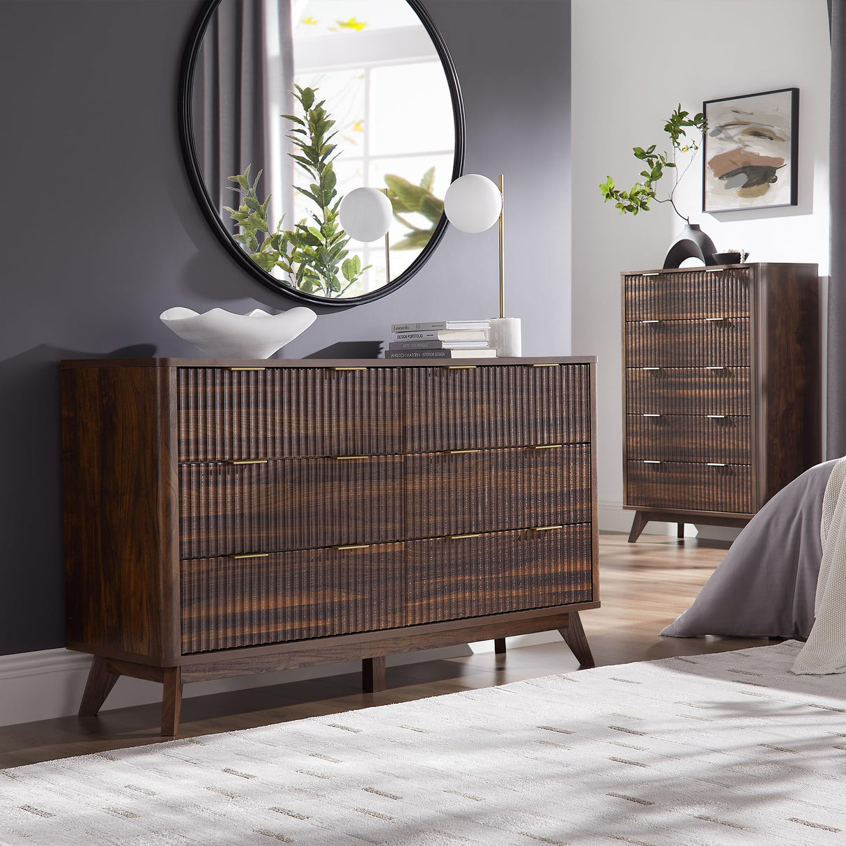 T4TREAM Fluted 6 Drawers Dresser, 54" Wide Modern Chest of Drawers, Curved Profile Design, Dresser TV Stand, Wood Drawer Organizer for Bedroom, Living Room, Hallway, Dark Walnut T4TREAM