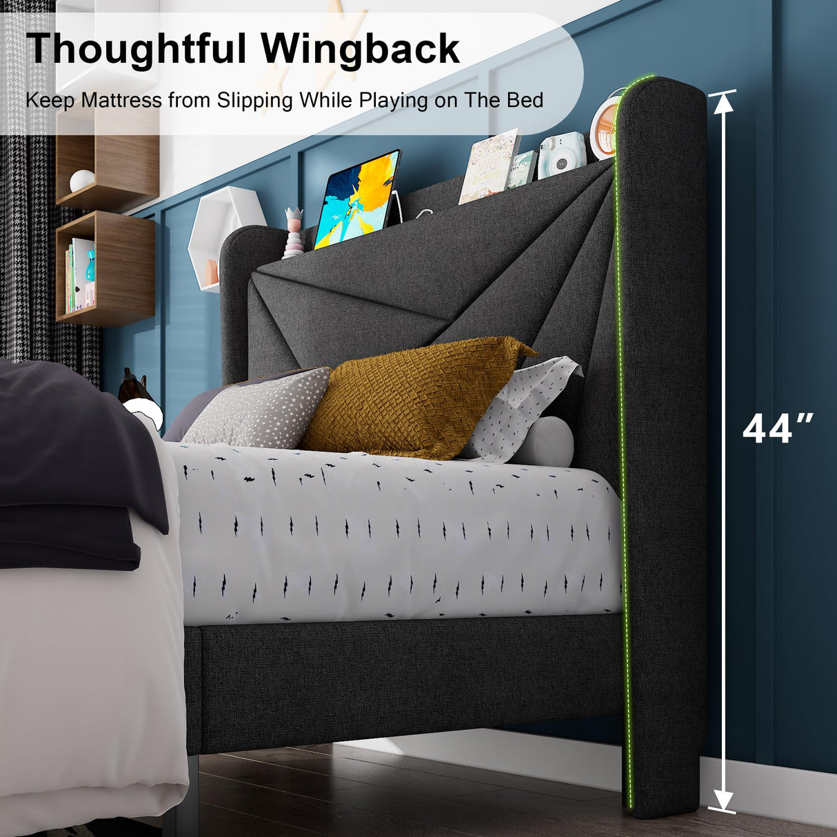 Feonase Twin Bed Frame, Upholstered Bed Frame with Charging Station, Wingback Storage Headboard, No Box Spring Needed, Noise-Free, Dark Gray Feonase