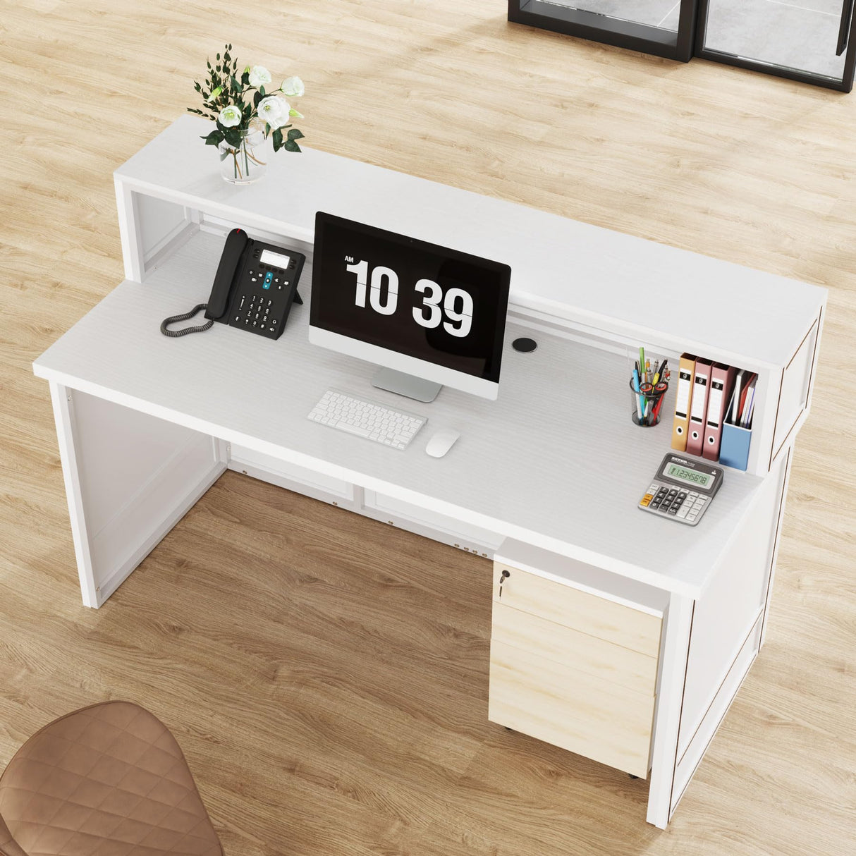 Tribesigns Reception Desk with Counter, 57-Inch Rustic Front Receptionist Table, Boho Welcome Desk Checkout Counter for Office, Retail, Lobby, Beauty Salon (White) Tribesigns