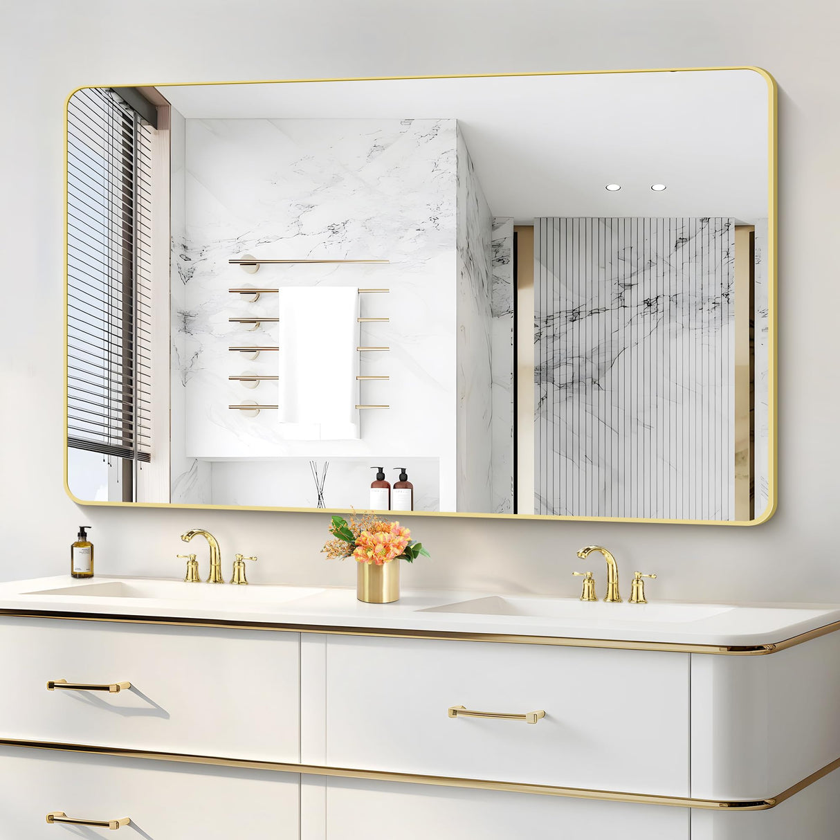 CIVENO 55"x36" Gold Bathroom Mirror, Large Rectangle Mirror, Rectangular Wall Mirror, Rounded Corner Vanity Mirror with Aluminum Metal Frame for Bathroom Bedroom Living Room CIVENO