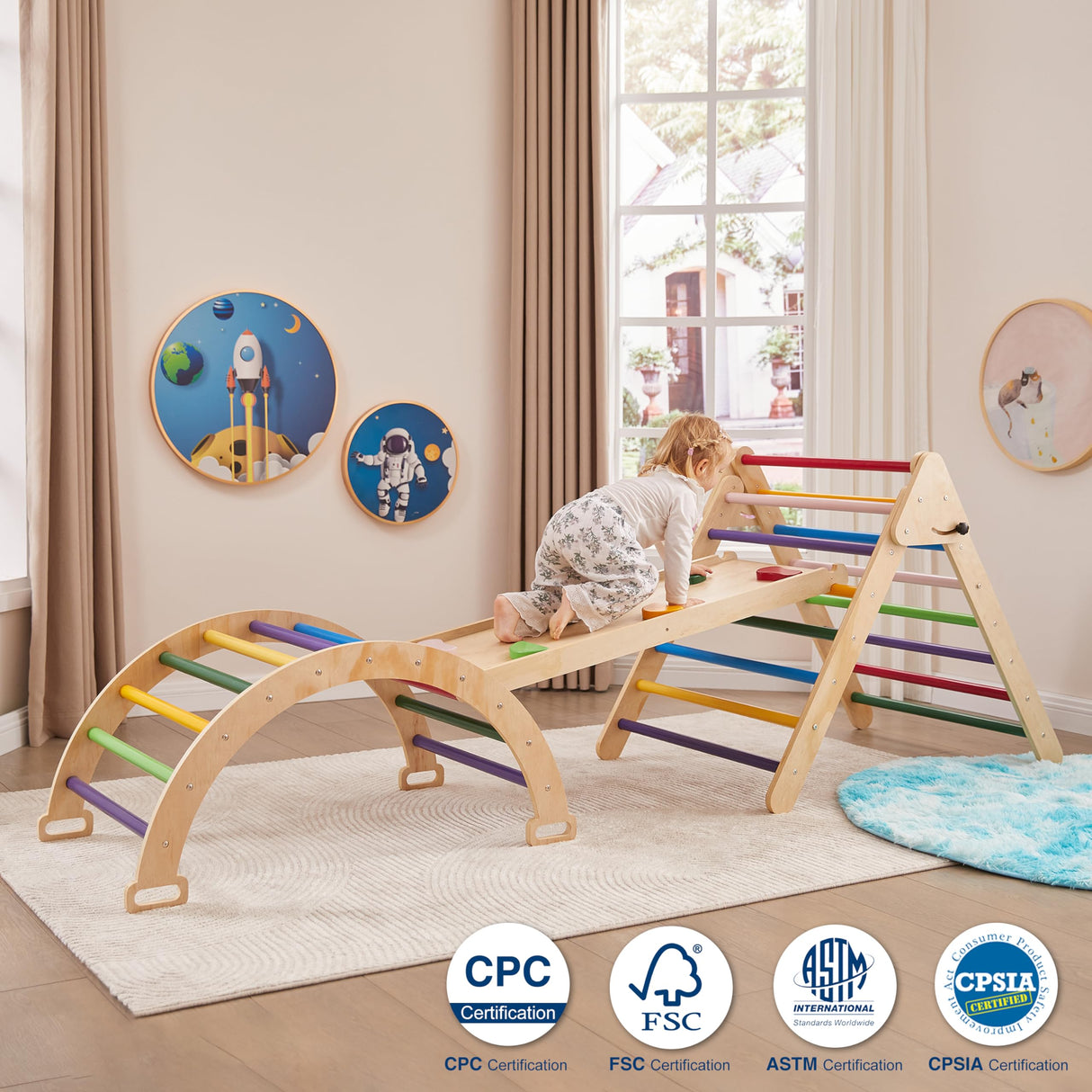 5 in 1 Pikler Triangle Gym, Montessori Foldable Wooden Climbing Set with Ramp, Arch Climber and Rocker, Toddlers Climbing Triangle Learning Waldorf Children Jungle Gym for Kids 2-6 Years (Rainbow) Grecodown