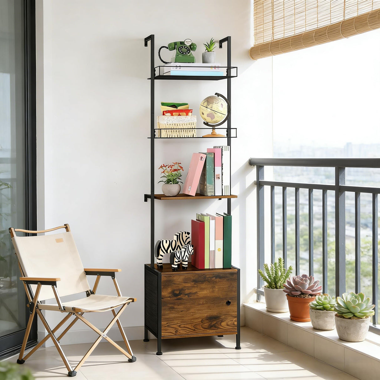 Vrisa 4 Tier Ladder Bookshelf with Drawers Wall Mounted Storage Shelves Wooden Ladder Shelf with Cabinet Display Bookcase for Living Room Bedroom Home Office Kitchen Brown Vrisa
