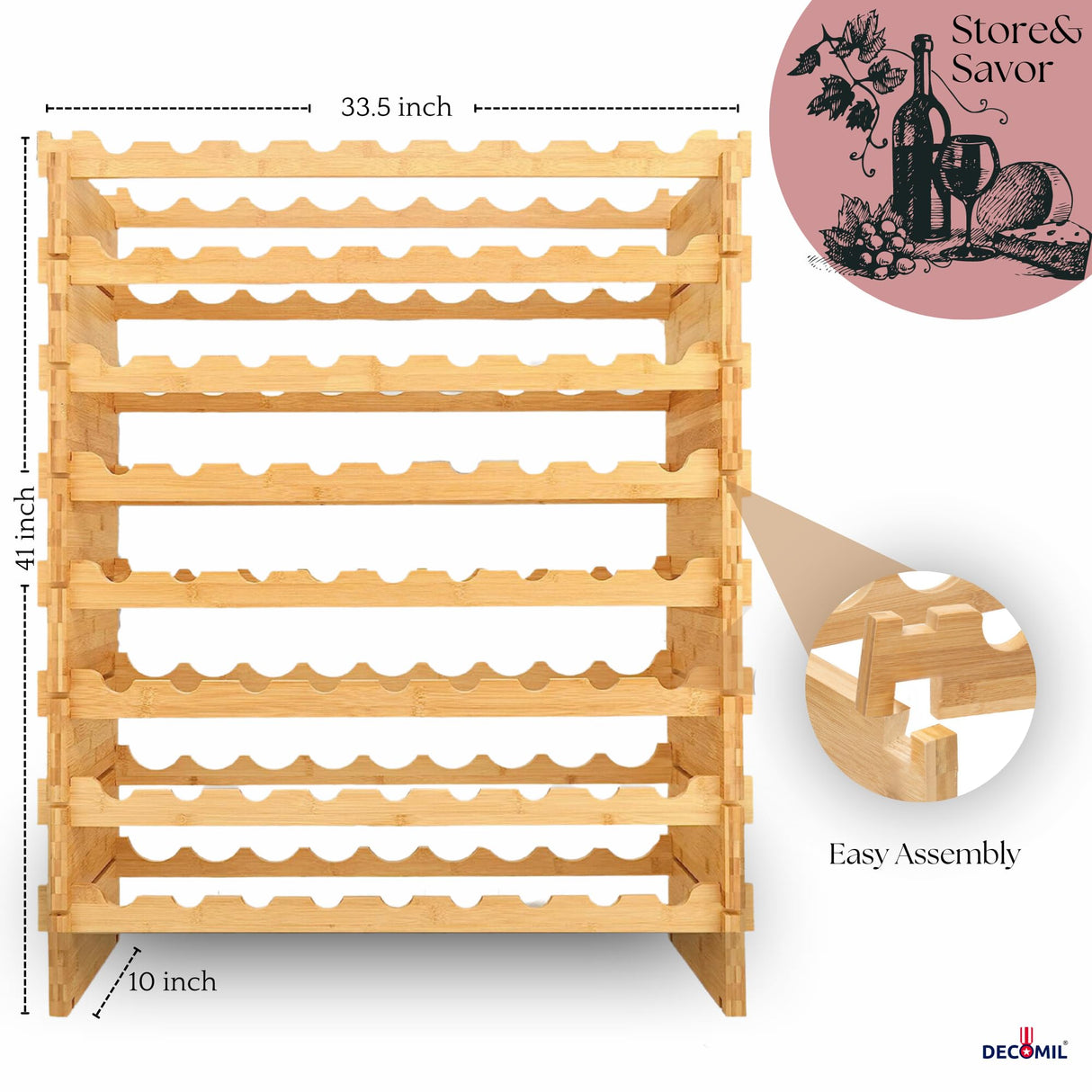 DECOMIL - 72 Bottle Stackable Modular Wine Rack Wine Storage Rack Solid Bamboo Wine Holder Display Shelves, Wobble-Free (Eight-Tier, 72 Bottle Capacity) DECOMIL