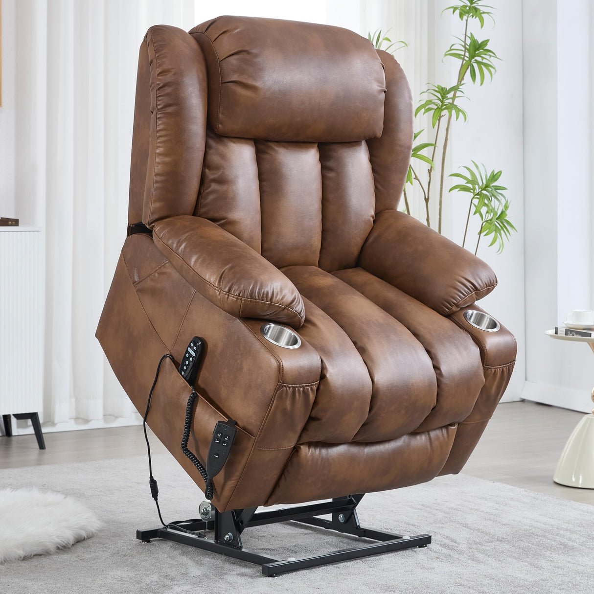 EZZUP Lay Flat Lift Recliner Chair with Massage & Heat for Elderly People, Electric Power Lift Chair with Dual Motor, Cup Holders and 2 Remote Controls, Breathable Faux Leather Brown EZZUP