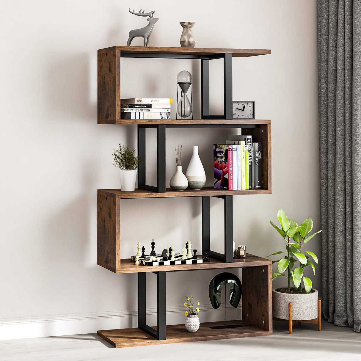 YITAHOME 5-Tier Bookshelf, S-Shaped Z-Shelf Bookshelves and Bookcase, Industrial Freestanding Multifunctional Decorative Storage Shelving for Living Room Home Office, Retro Brown YITAHOME