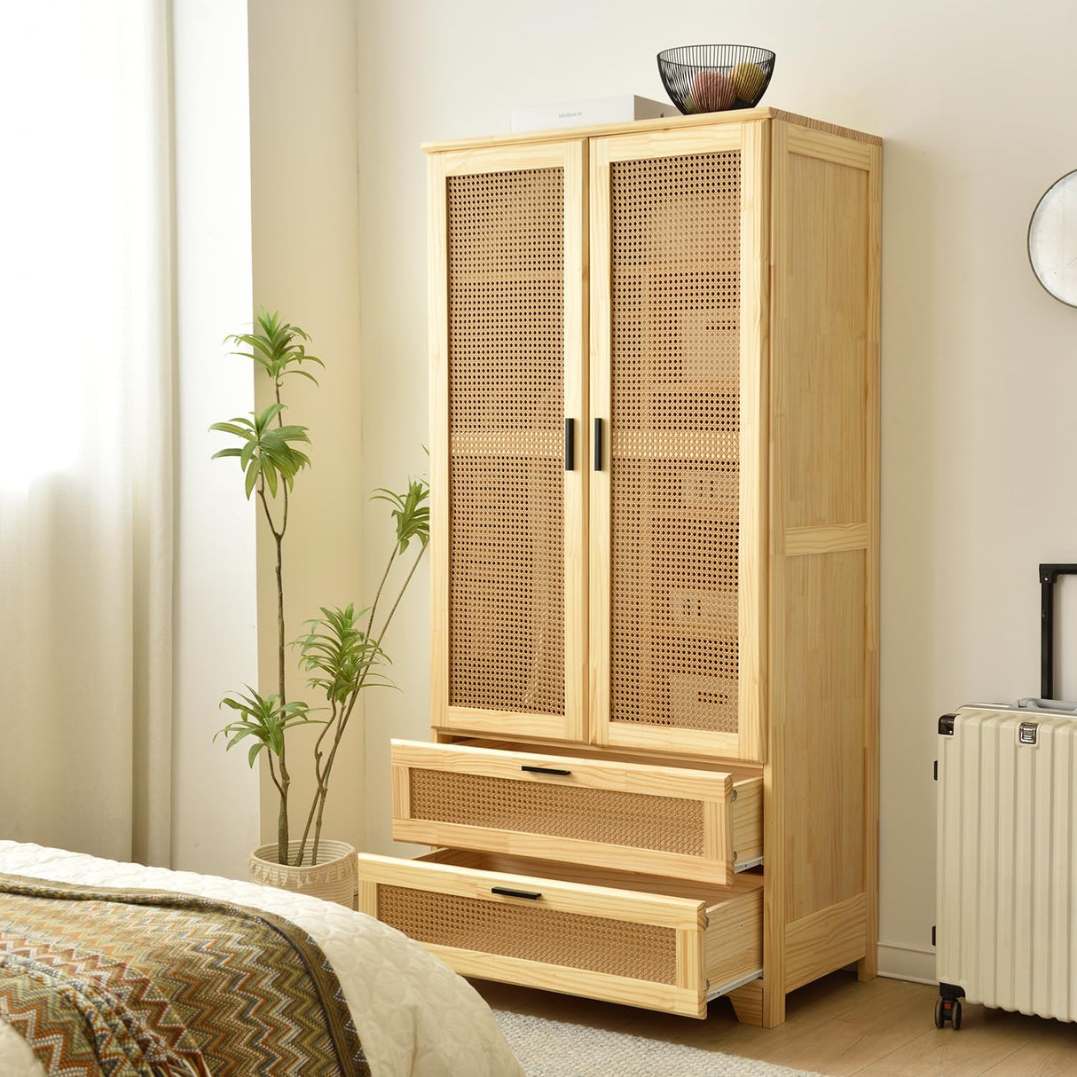 Better Home Products Pine Wood Closet with Rattan Doors and 2-Drawers in Natural Better Home Products
