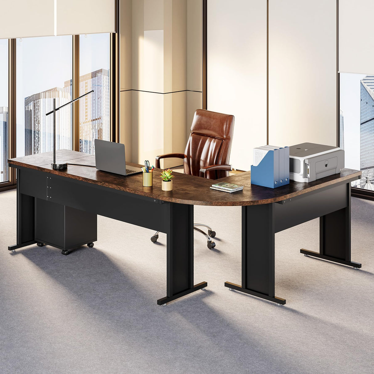 LITTLE TREE 83 Inch L-Shaped Office Desk with Drawers, Large Executive Office Desk with Storage, Wooden Computer Desk with File Cabinet, Modern Work Desk for Home Office, Brown LITTLE TREE