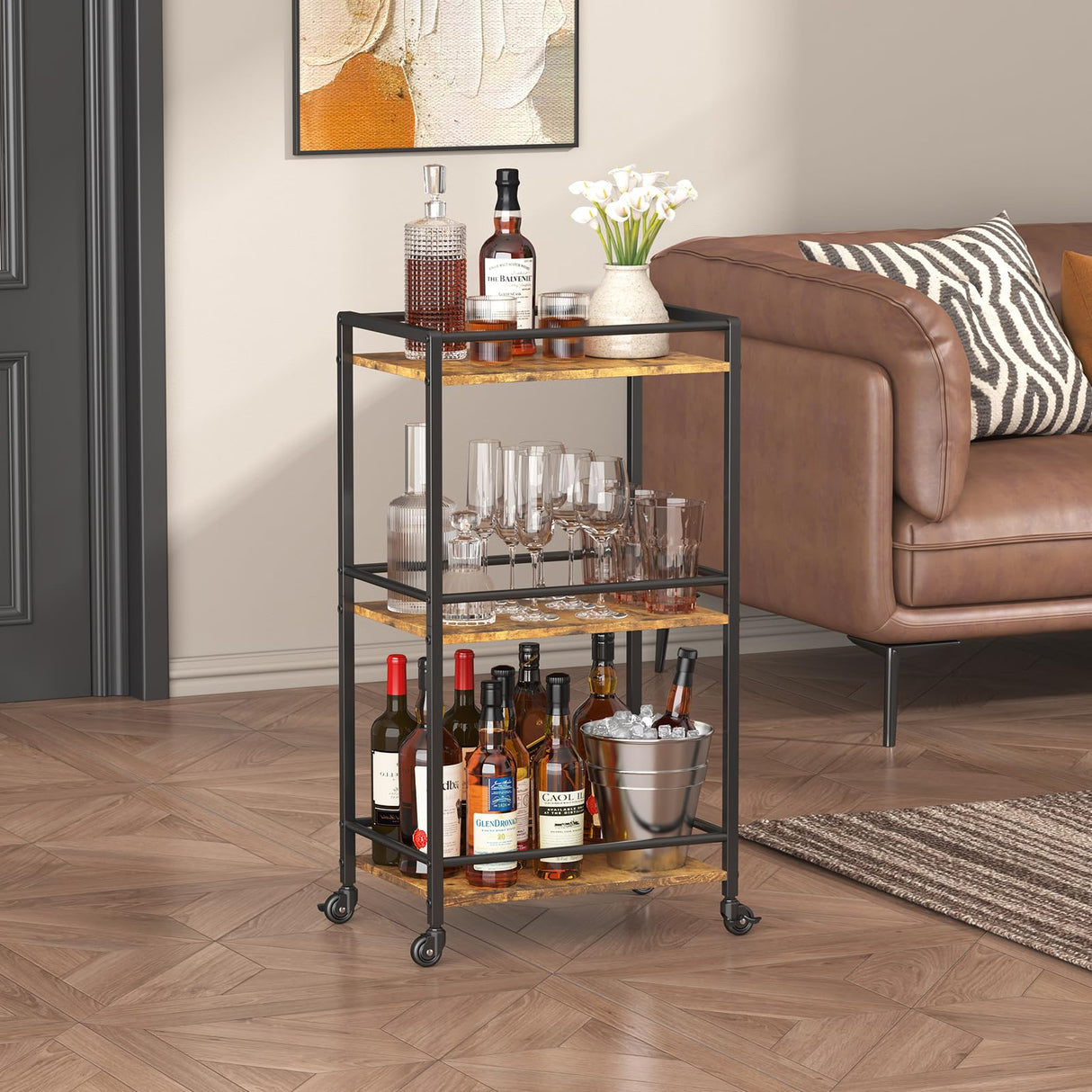 Lifewit Bar Cart for The Home, 3 Tier Small Rolling Wine Cart, Drink Serving Cart with Lockable Wheels, Mini Liquor Utility Cart for Kitchen Dining Living Room, 17" x 11.8" x 32.1", Rustic Brown Lifewit