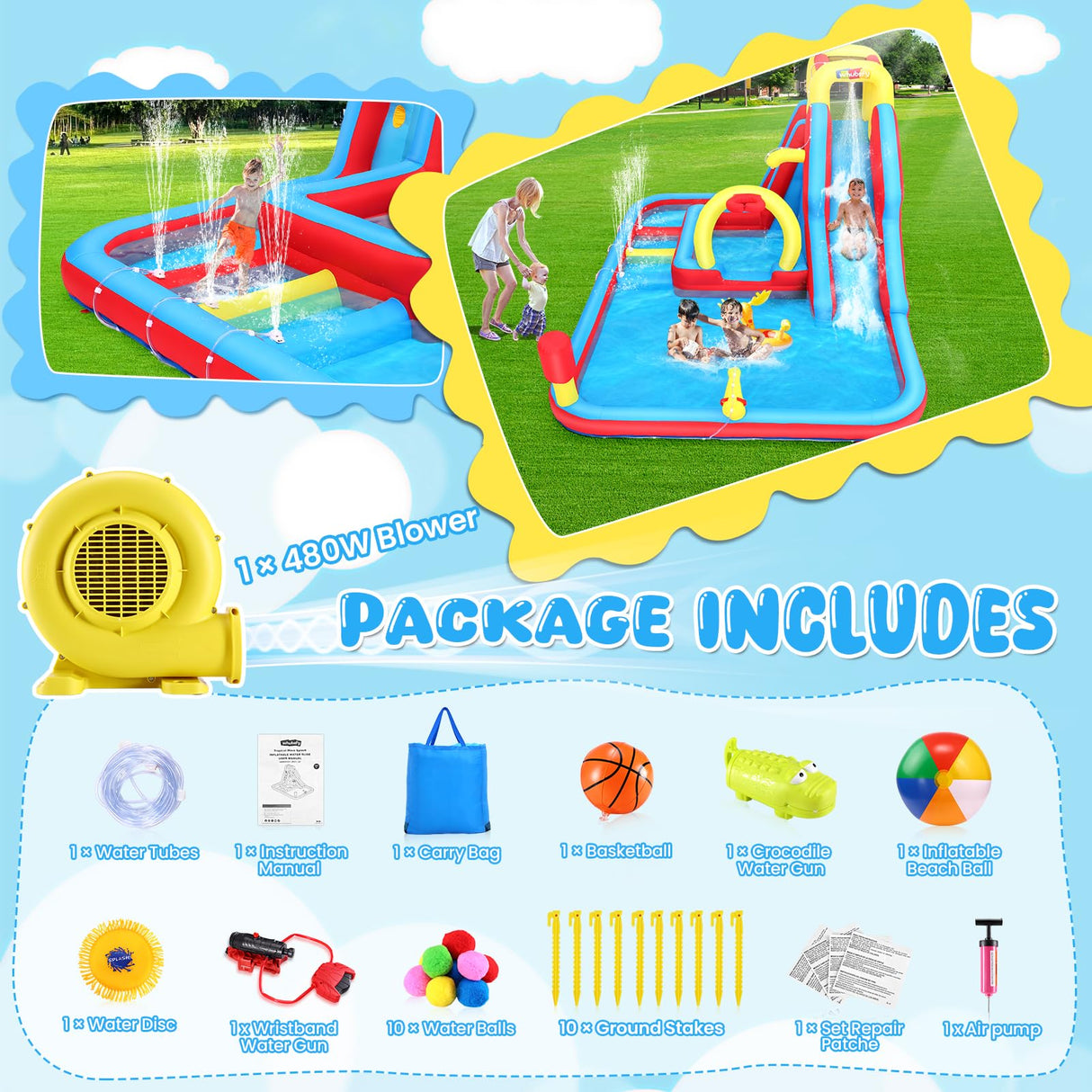 Whubefy Inflatable Water Slide Bounce House, 13.2x10Ft 13-in-1 Bounce House Obstacle Course Waterslides, Summer Fun w/Boxing Pole/Slide/ 10+ Accessories, Inflatable Water Slide for Kids Outdoor Whubefy