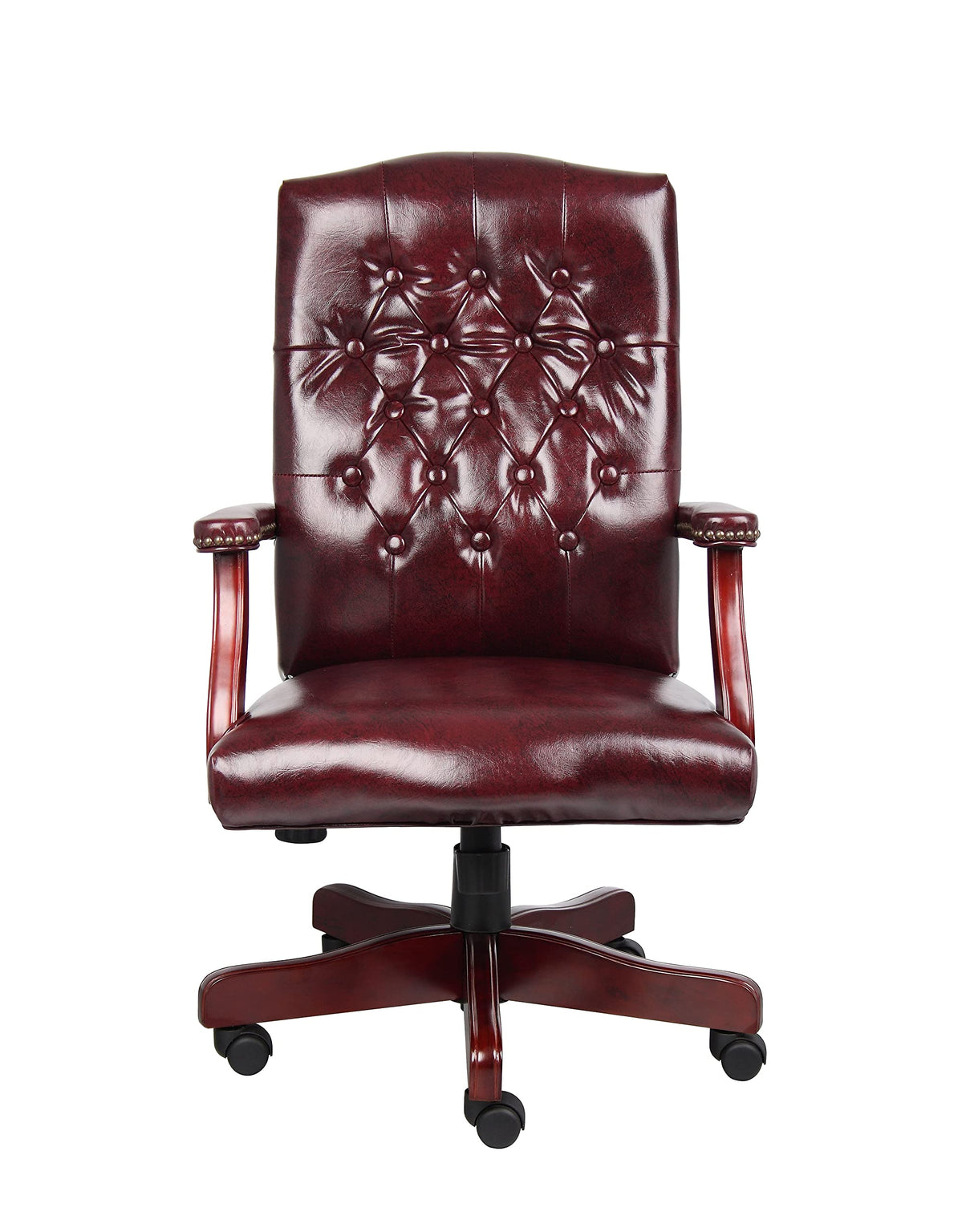Boss Classic Executive Oxblood Vinyl Chair With Mahogany Finish Frame Boss Office Products