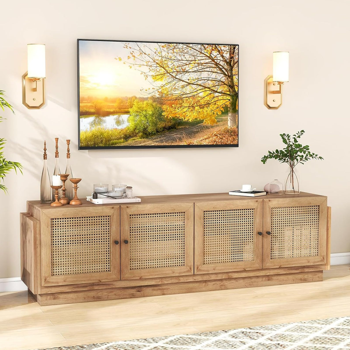 Giantex Farmhouse TV Stand for TVs up to 75", 4-Door PE Rattan Entertainment Center w/ 2 Cabinets, Adjustable Shelves, 8 Cable Holes, Mid Century Modern Media Console Table for Living Room, TV Cabinet Giantex