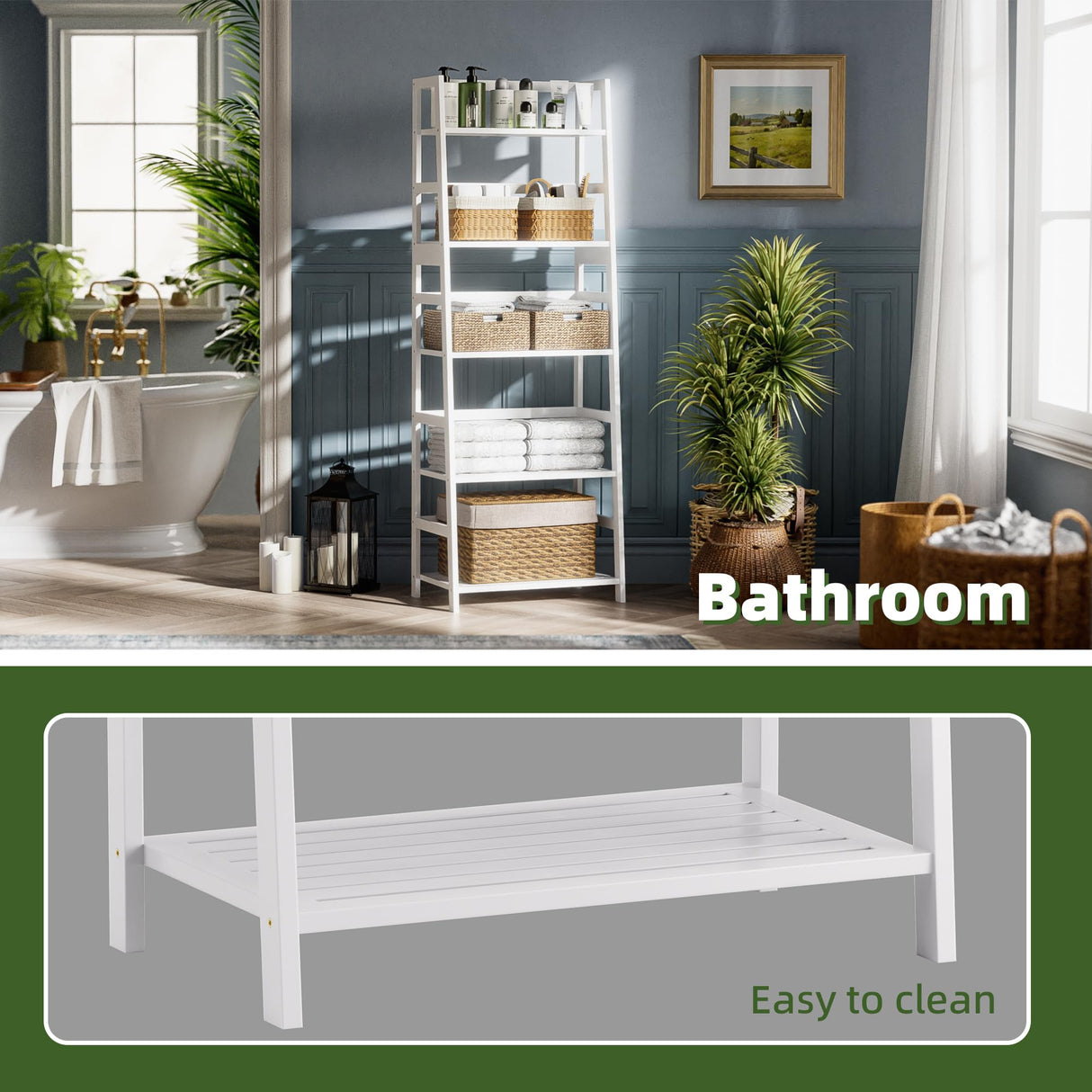 vovala Ladder Shelf, 5-Tier Bookshelf, All Bamboo Heavy Duty Bookcase, Freestanding Open Wood Storage Rack, Modern Corner Display Plant Stand for Living Room, Home Office, Bathroom, Bedroom, White vovala