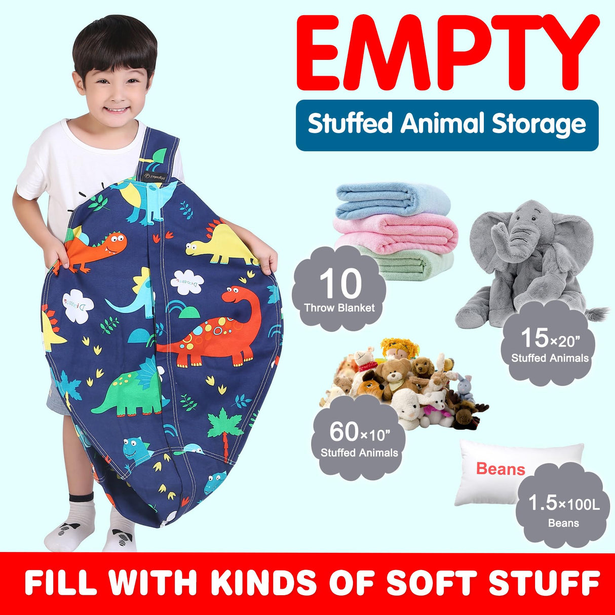 Lukeight Stuffed Animal Storage Bean Bag Chair Cover (No Filling) for Kids, Dinosaur Zipper Beanbag Chair Cover for Organizing Toddler and Kids' Rooms Plush Toys (Dinosaur, Large) Lukeight