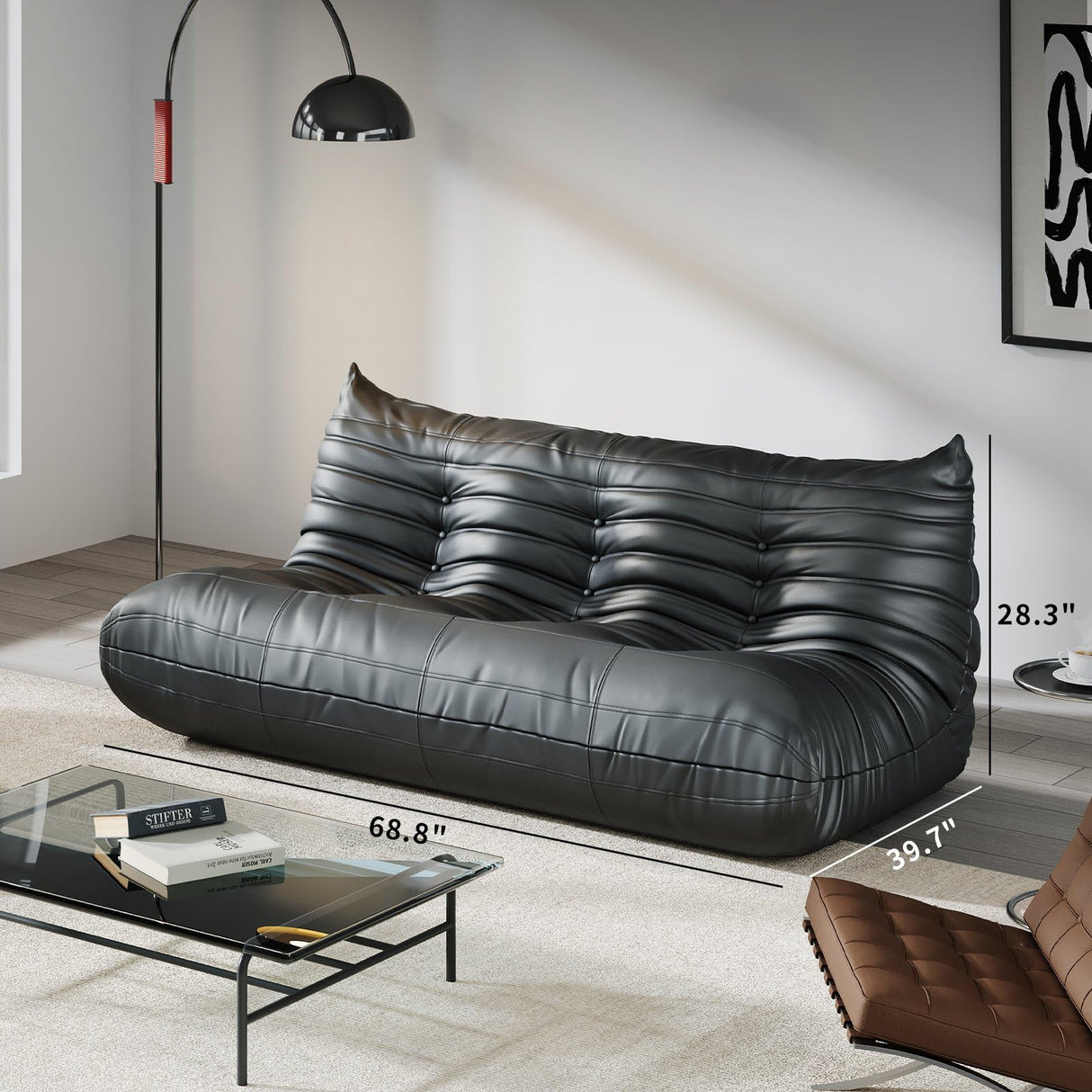 Comfy Lazy Floor Sofa Couch,Bean Bag Chairs,Soft Armless Fireside Chair,Faux Leather Lounge Chair,Corner Relax Couch for Living Room Bedroom,Salon Office,Adults(Black+3 Seat Generic