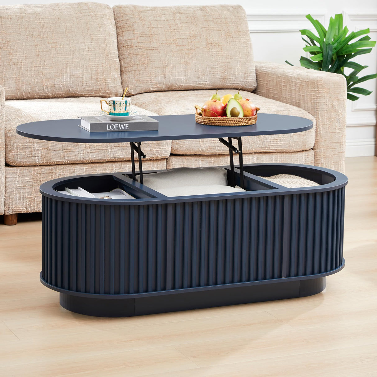CHILILTDUS Oval Lift Top Coffee Table with Storage, 43.3”Mid Century Modern Center Table with Hidden Compartment, Fluted Wooden Lift Tabletop Dining Table for Living Room Apartment Home Office,Blue CHILILTDUS