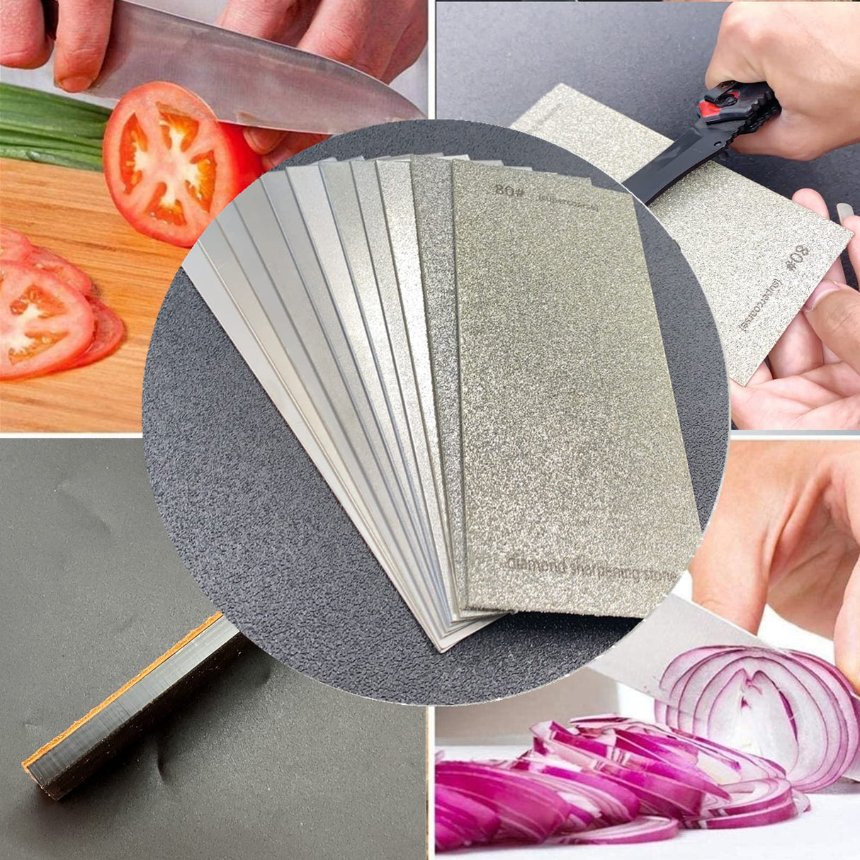 Diamond Sharpening Stone for 10 PCS and Stropping Leather Strop, 80/180/240/400/600/800/1000/1500/2000/3000 Grit Diamond Plate Honing Stone for Kitchen Sharpening Dull Knives Grindstone Tool Tiweio