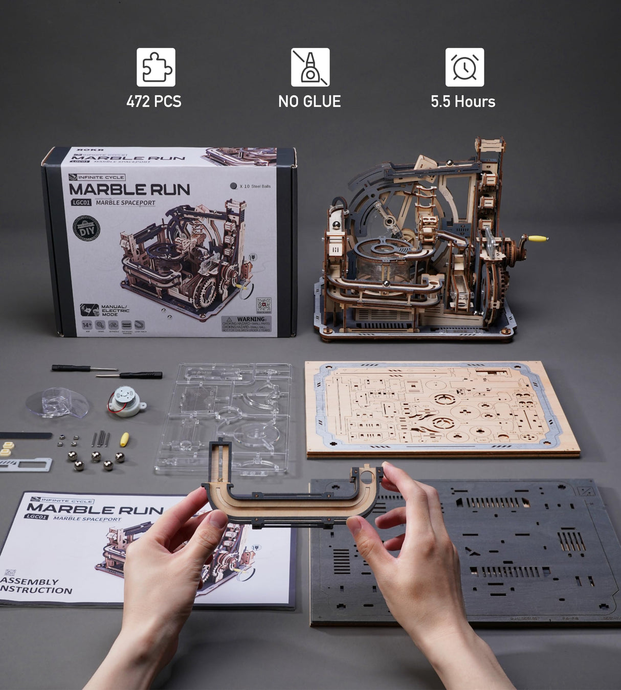 ROBOTIME Motorised Wooden Puzzles for Adults - 3D Puzzles for Adults LGC01 Marble Spaceport - Wooden Marble Run Model to Build - Space/STEM/Engineering Gift ROBOTIME