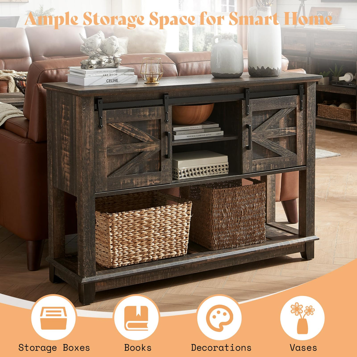 AMERLIFE Sofa Table with Sliding Barn Doors, TV Console Table, 46" Farmhouse Rustic Storage Entryway Table, Adjustable Open Shelves, Hallway, Living Room, Bedroom, Rustic Oak Black AMERLIFE