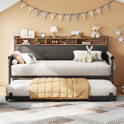 LIKIMIO Daybed with Trundle, Twin Bed Frame with Upholstered Headboard and Charging Station, Sofa Day Bed with Strong Supports for Living Room, Bedroom and Guest Room, Black