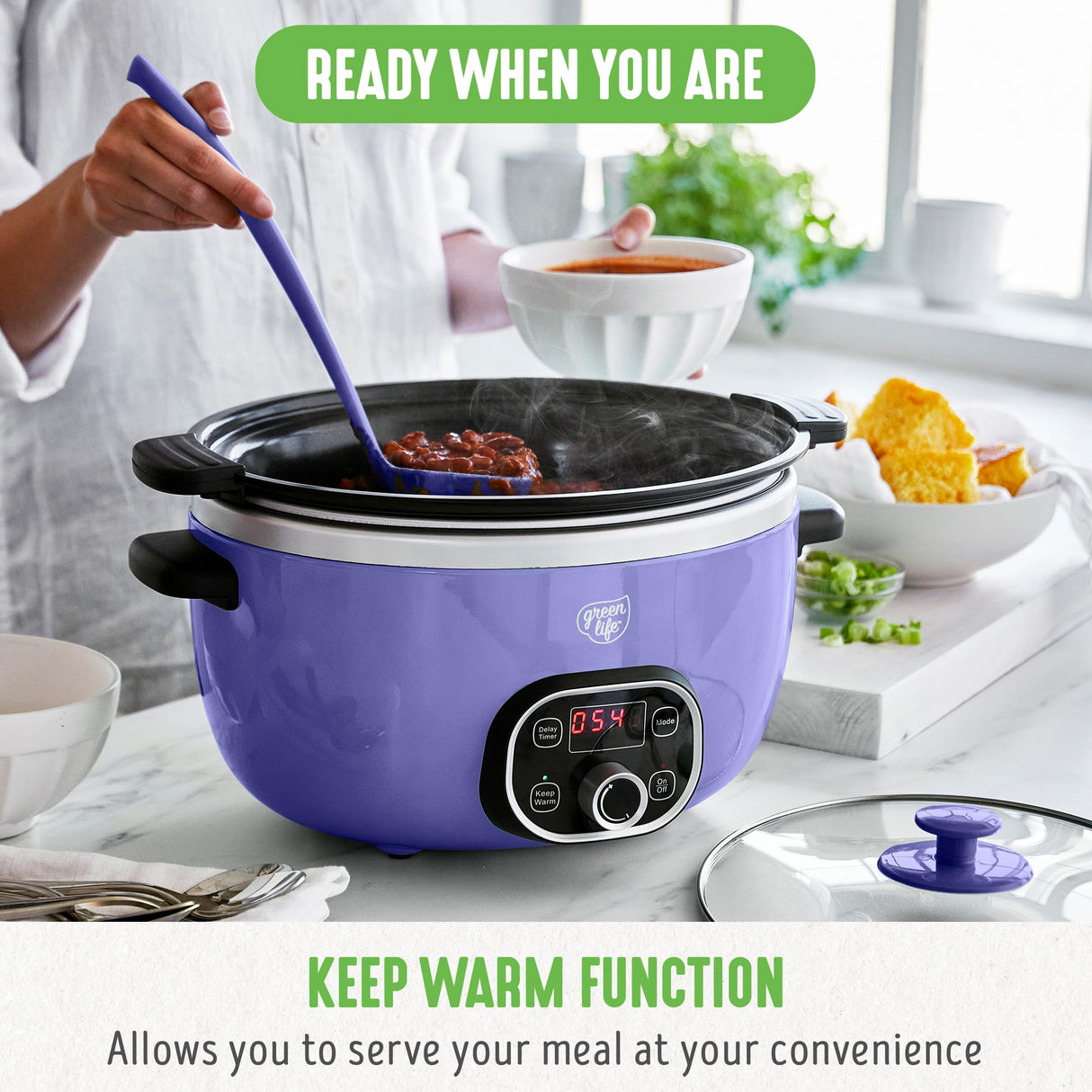 GreenLife 6 Quart Ceramic Slow Cooker, PFAS-Free, Programmable, Removable Healthy Nonstick Pot for Family Meals, Sear on Stovetop, Keep Warm, Digital Timer, Dishwasher Safe Glass Lid, Periwinkle GreenLife