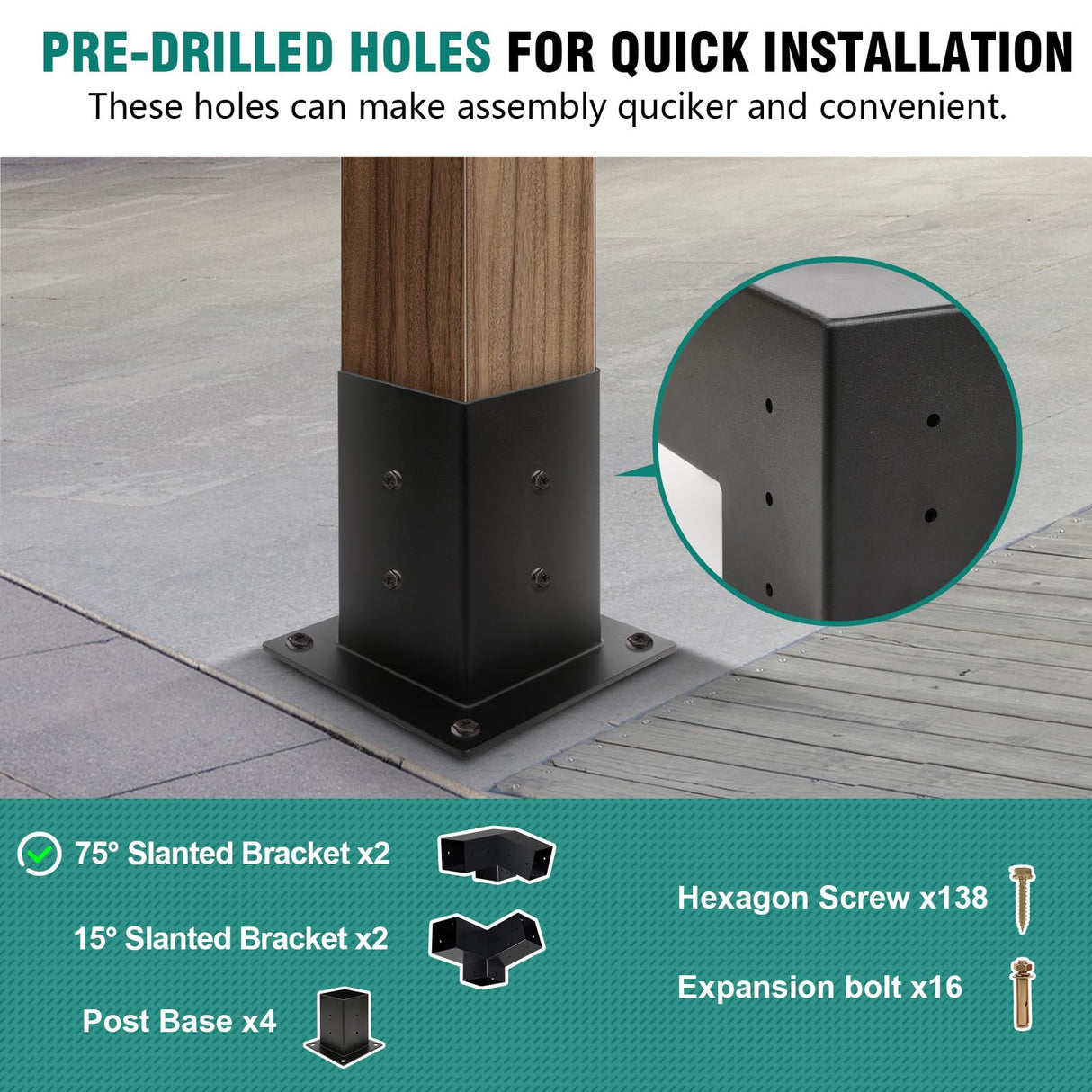 HAYOHRT 15° Pergola Brackets 75° Pergola Brackets Corner Bracket with Post Base Gazebo Kit for 4x4'' (Actual 3.5x3.5 in) Wooden Beams Lumber Gazebos Patio Pergola Sheds HAYOHRT