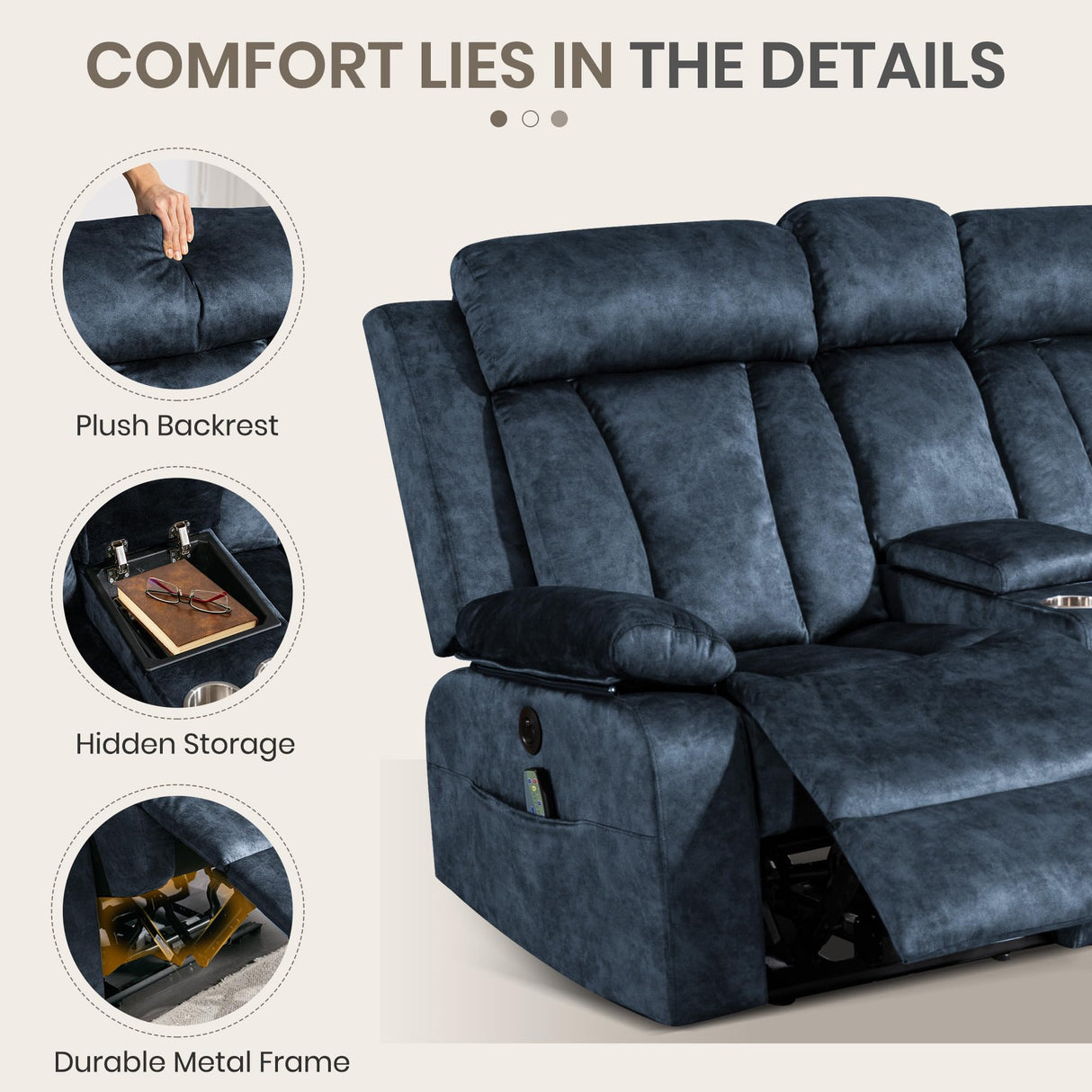 PALLOME Power Reclining Loveseat with Heat & Massage, Dual Recliner Sofa with Console, Cup Holders, USB & Type-C Ports, 2 Seater Electric Reclining Couch for Living Room, RV (Blue, 2 Seat) PALLOME