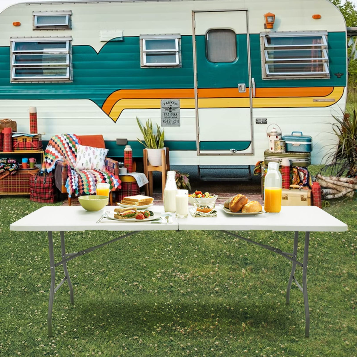 Lakhow Folding Table 6ft Plastic Folding Table Indoor & Outdoor for Picnic, Camping,BBQ and Party, with Powder Coated Steel Legs and Built in Carry Handle, White Lakhow