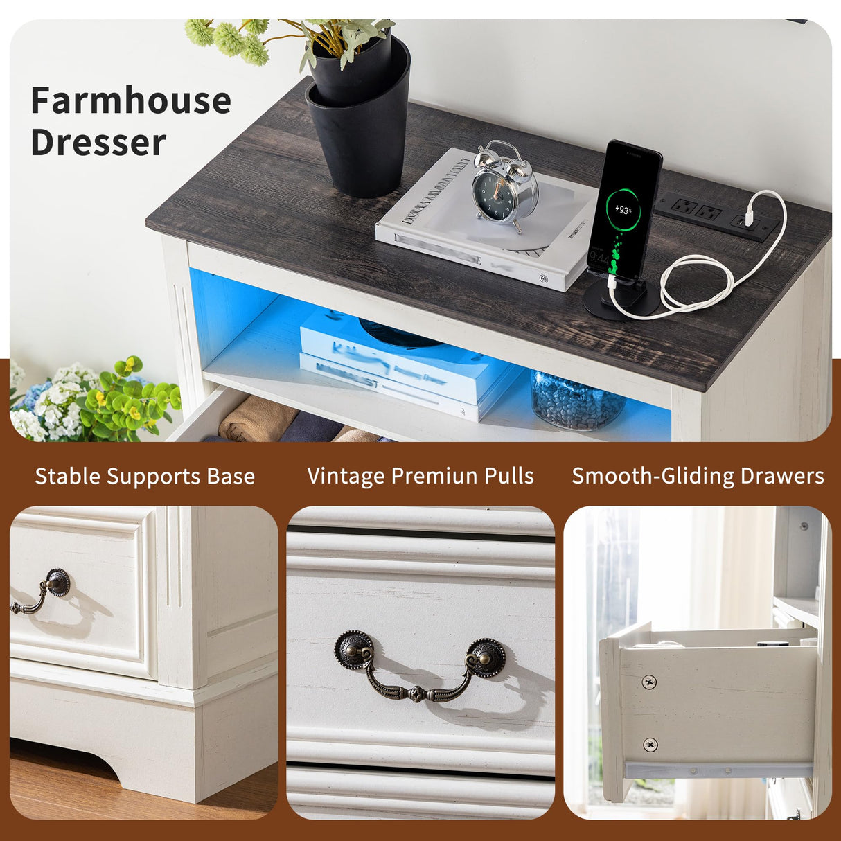 Homkdom Dresser for Bedroom with Charging Station & LED Light, White Dresser & Chests of Drawers with 6 Drawers, Farmhouse Tall Dressers for Bedroom Homkdom