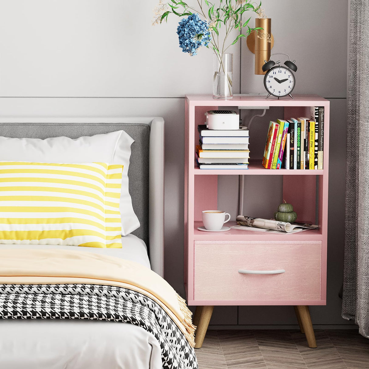 Aenuert Night Stand with Charging Station, Pink Kids Nightstand with Drawer, 3-Tier Nursery Bedside Table with USB Ports and Outlets, End Table for Small Space, Living Room, Bedroom Aenuert