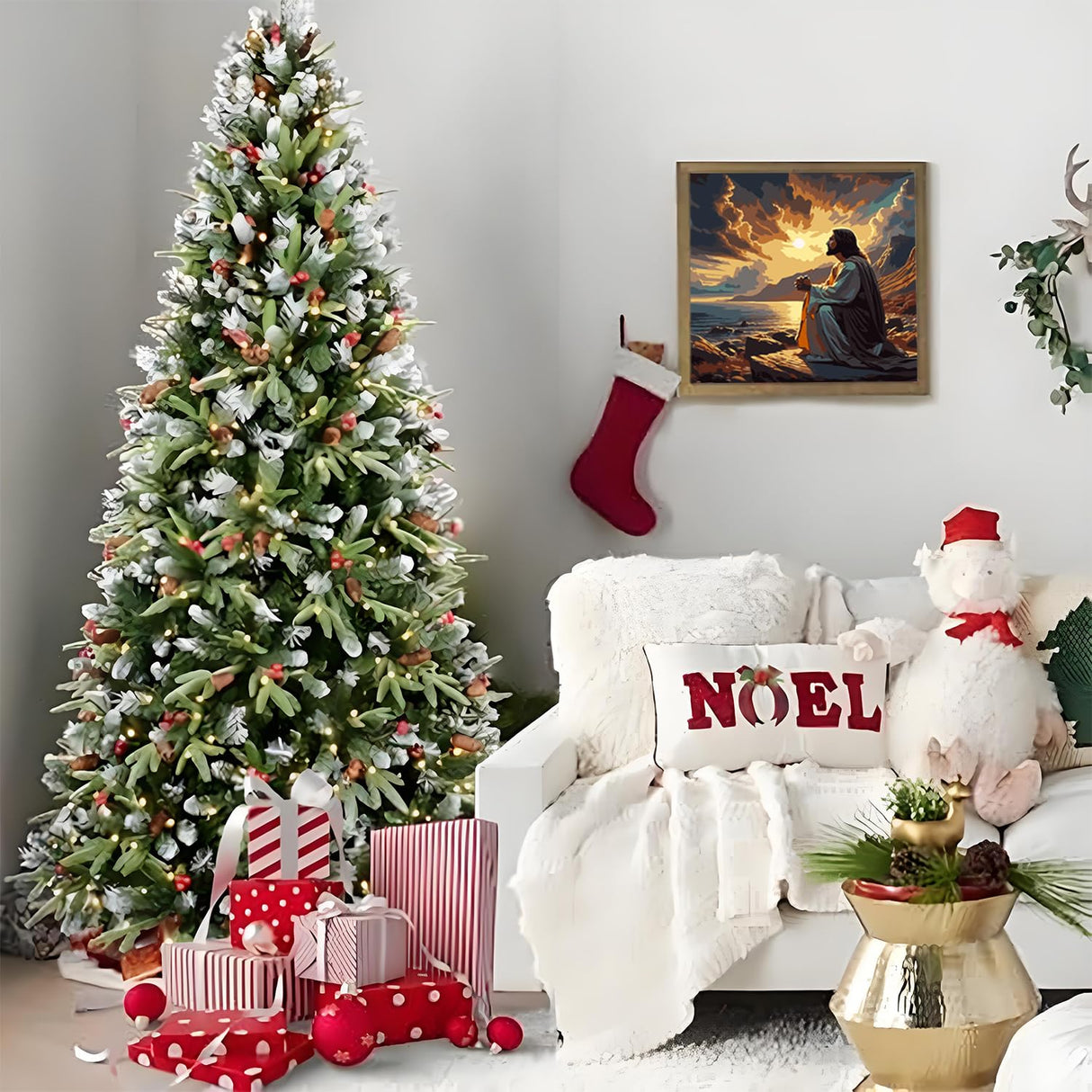 AREOPNMG Christmas Jesus Paint by Numbers Kit for Adults Beginner DIY Sunset Landscape Painting by Numbers Kits,with 3 Brushes and Acrylic Paint(Without Frame), Home Wall Decor 16 x 16 in AREOPNMG