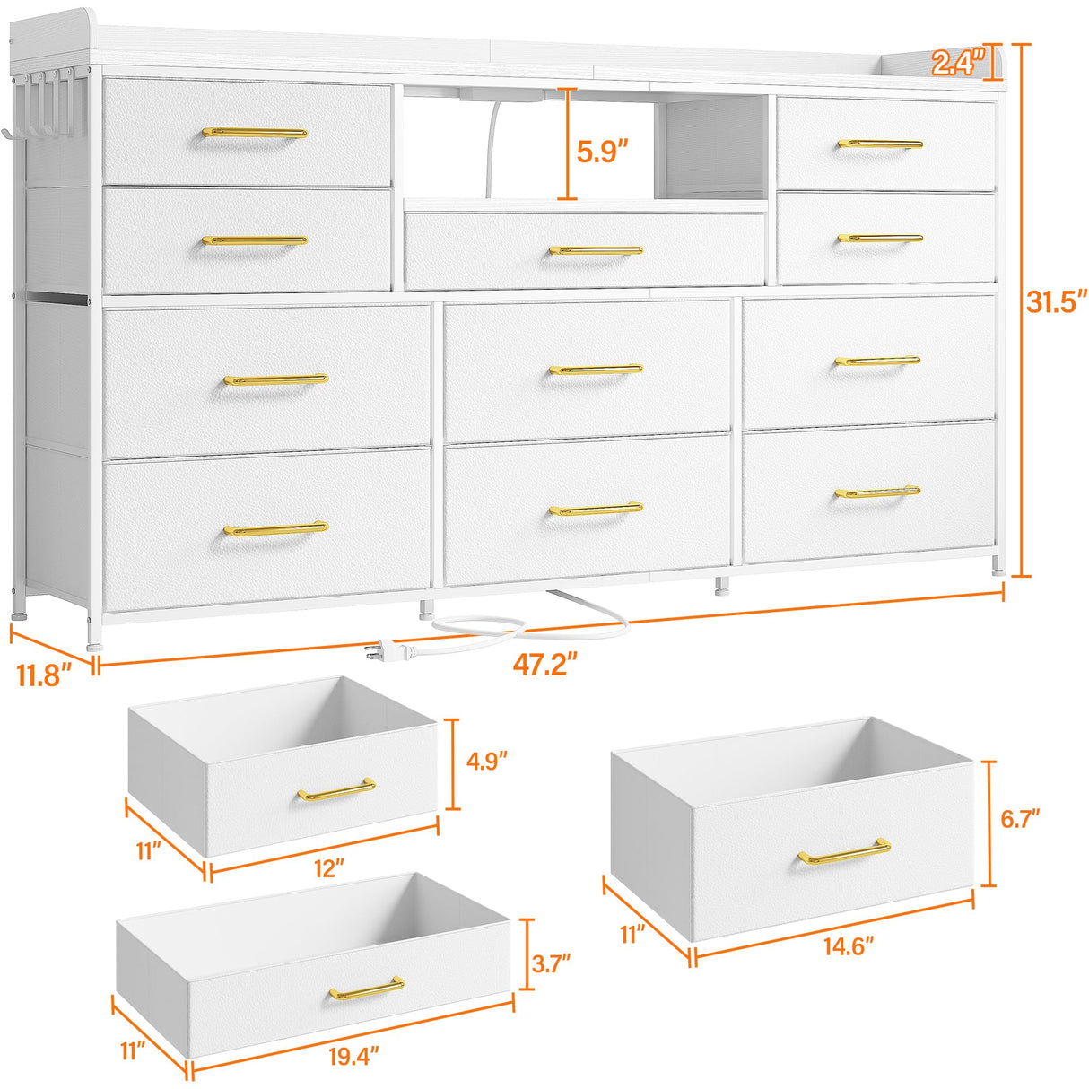 EnHomee Dresser TV Stand with 11 Drawers for 60" TV Stand for Bedroom with LED Lights & Power Outlets Long Dresser for Bedroom with Shelves & 4 Hooks Sturdy Metal Frame & Wood Top, White EnHomee