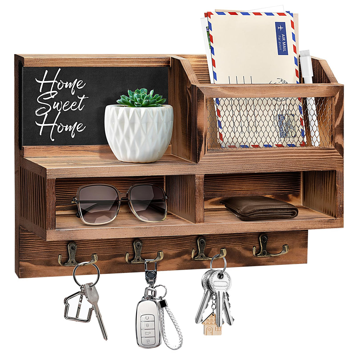 HOMEBROS Key Holder Wall Mount, Wooden Key Mail Holder with Chalkboard Mirror Greeting Cards Mail Key Organizer Storage Key Rack Shelf with 8 Key Hooks for Entryway Hallway Doorway HOMEBROS